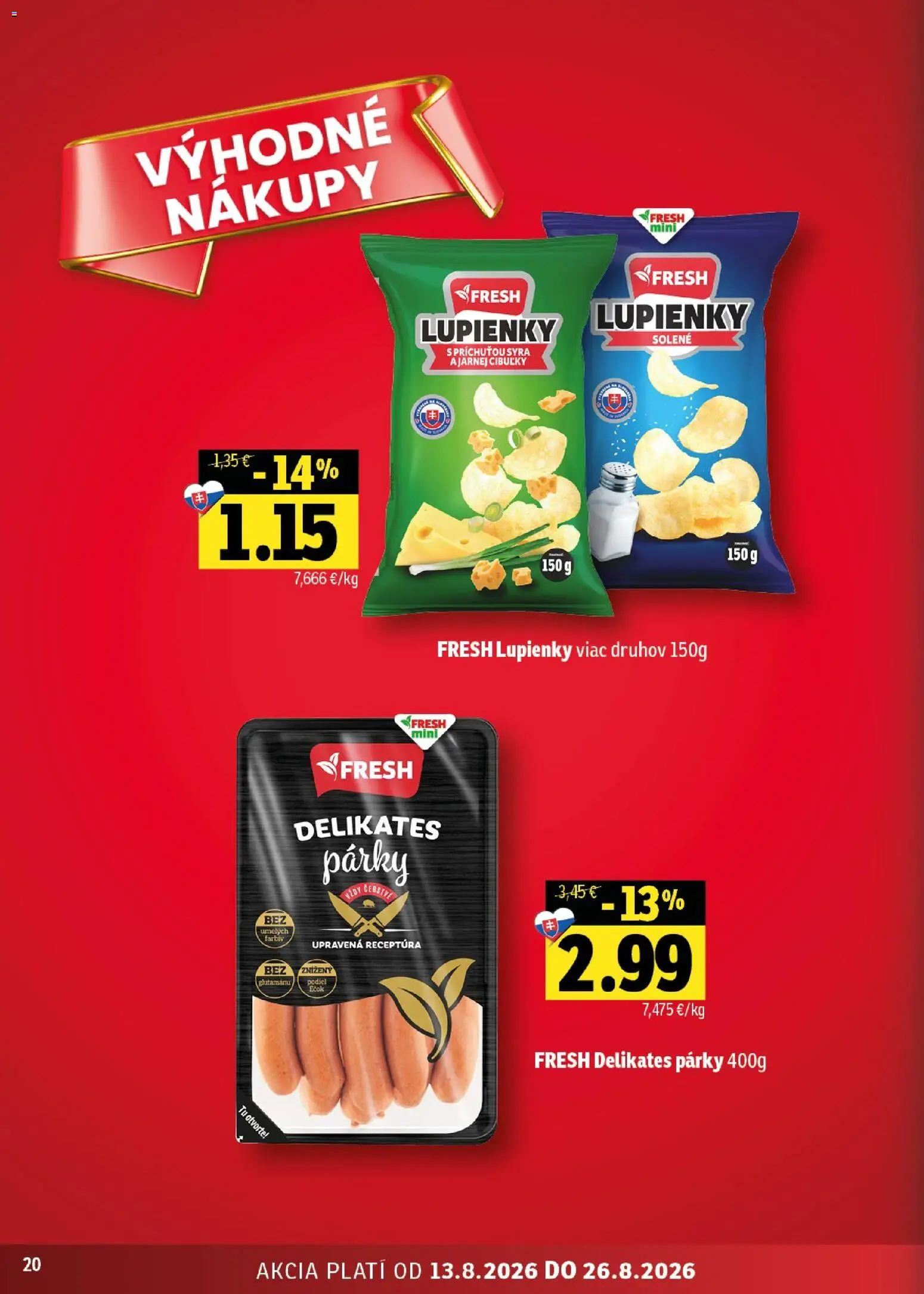 Nové Fresh akcie – leták je platný od 13.08.2026 | Strana: 20 | Produkty: Párky