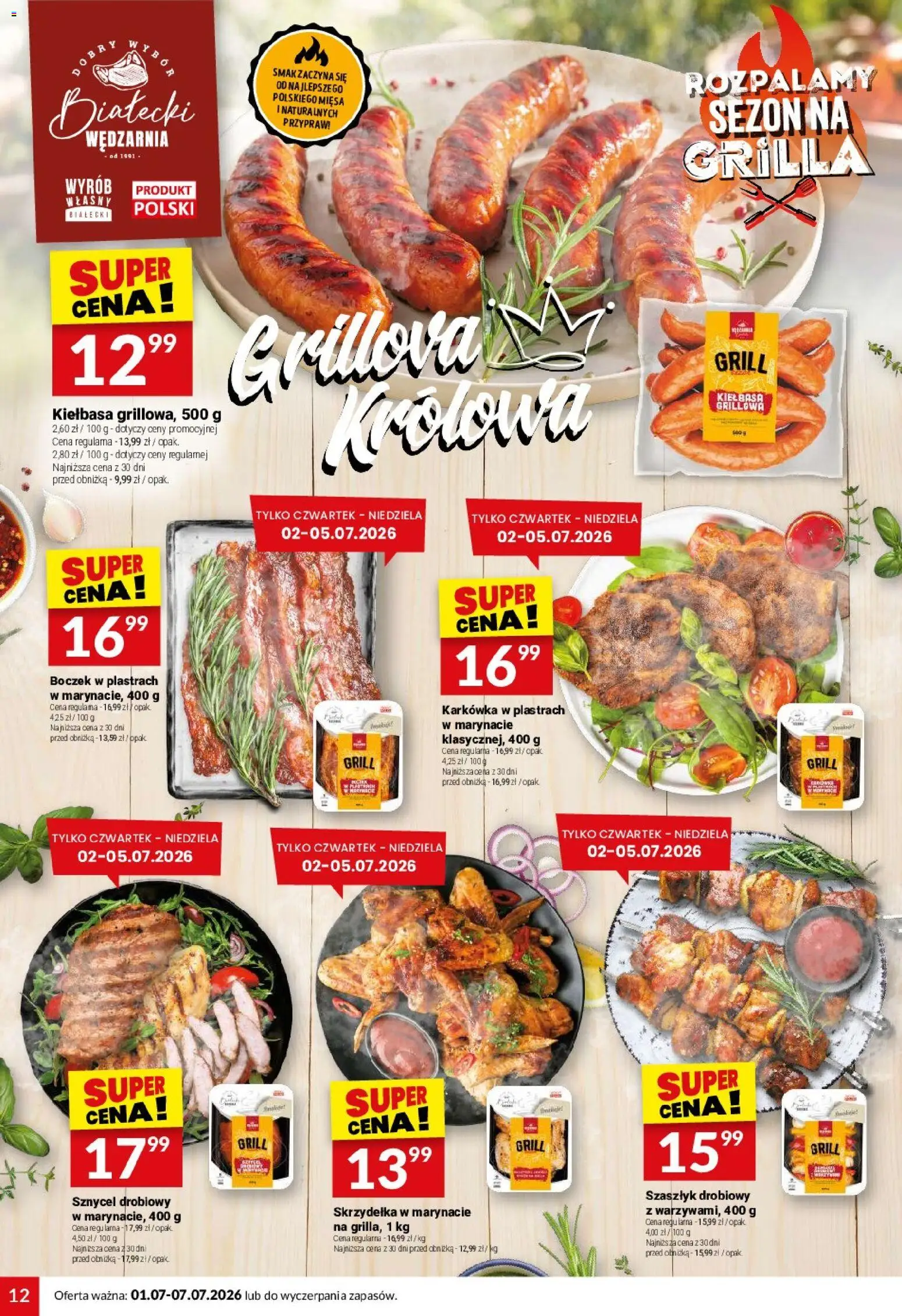 Twój Market gazetka od 01.07.2026 | Strona: 12 | Produkty: Kiełbasa, Karkówka, Grill, Boczek