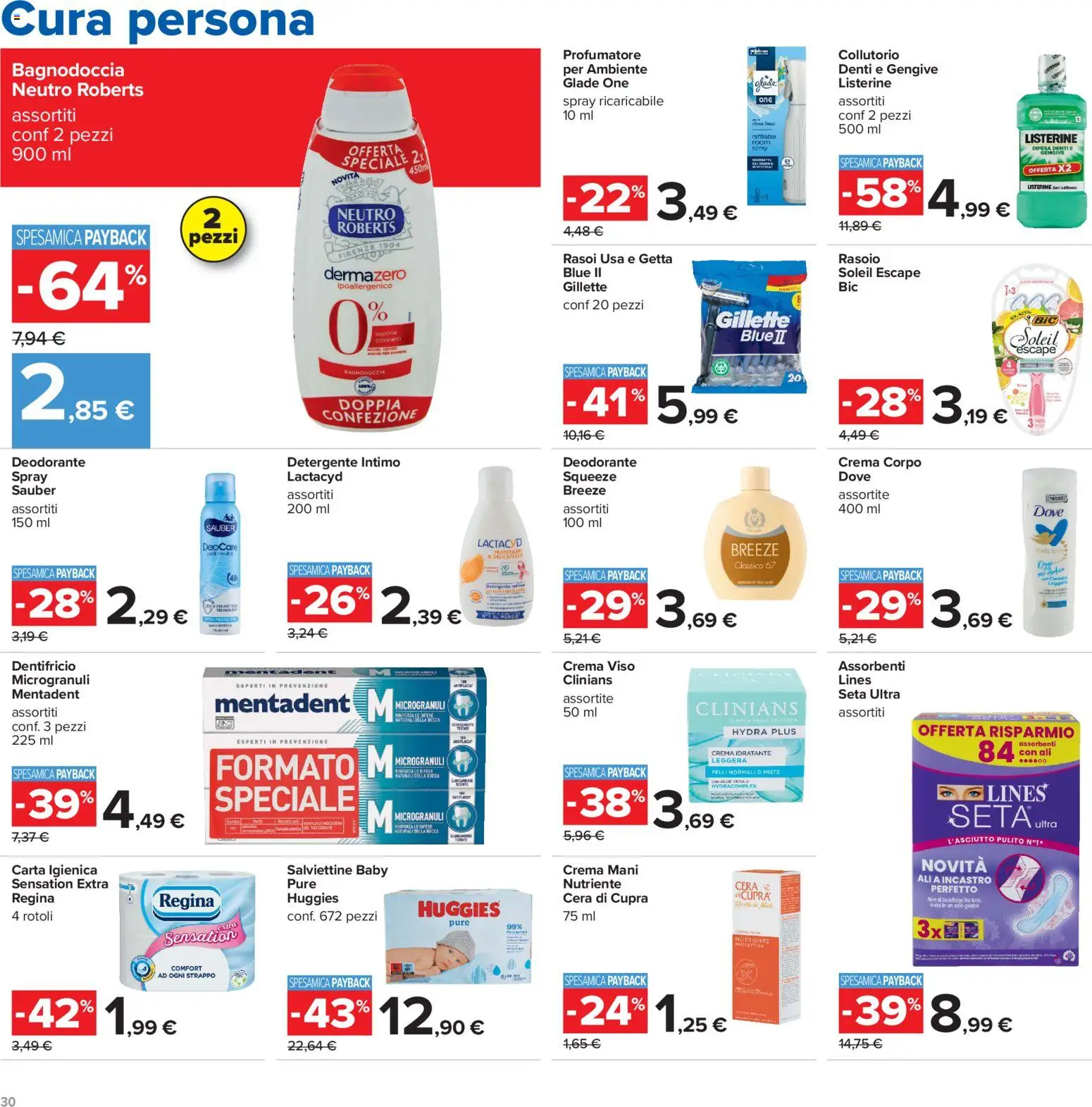 Volantino Carrefour del 04/09/2026 | Pagina: 30 | Prodotti: Rasoio, Carta igienica, Dentifricio, Detergente intimo