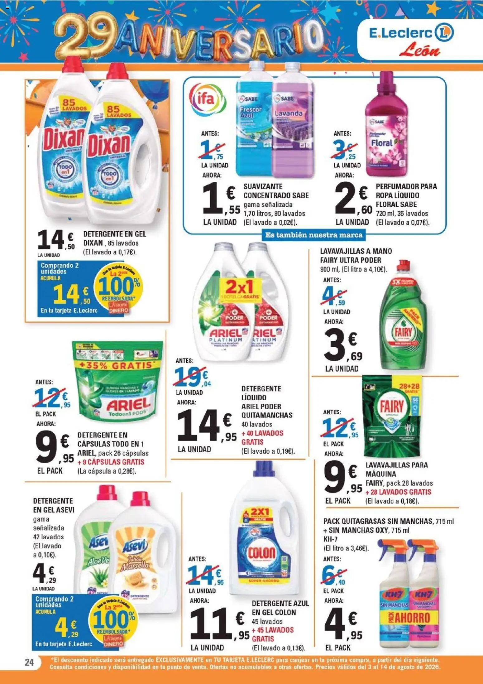 E.Leclerc - León │ válido desde el 03/08/2026 | Página: 24 | Productos: Quitamanchas, Detergente, Suavizante, Lavavajillas