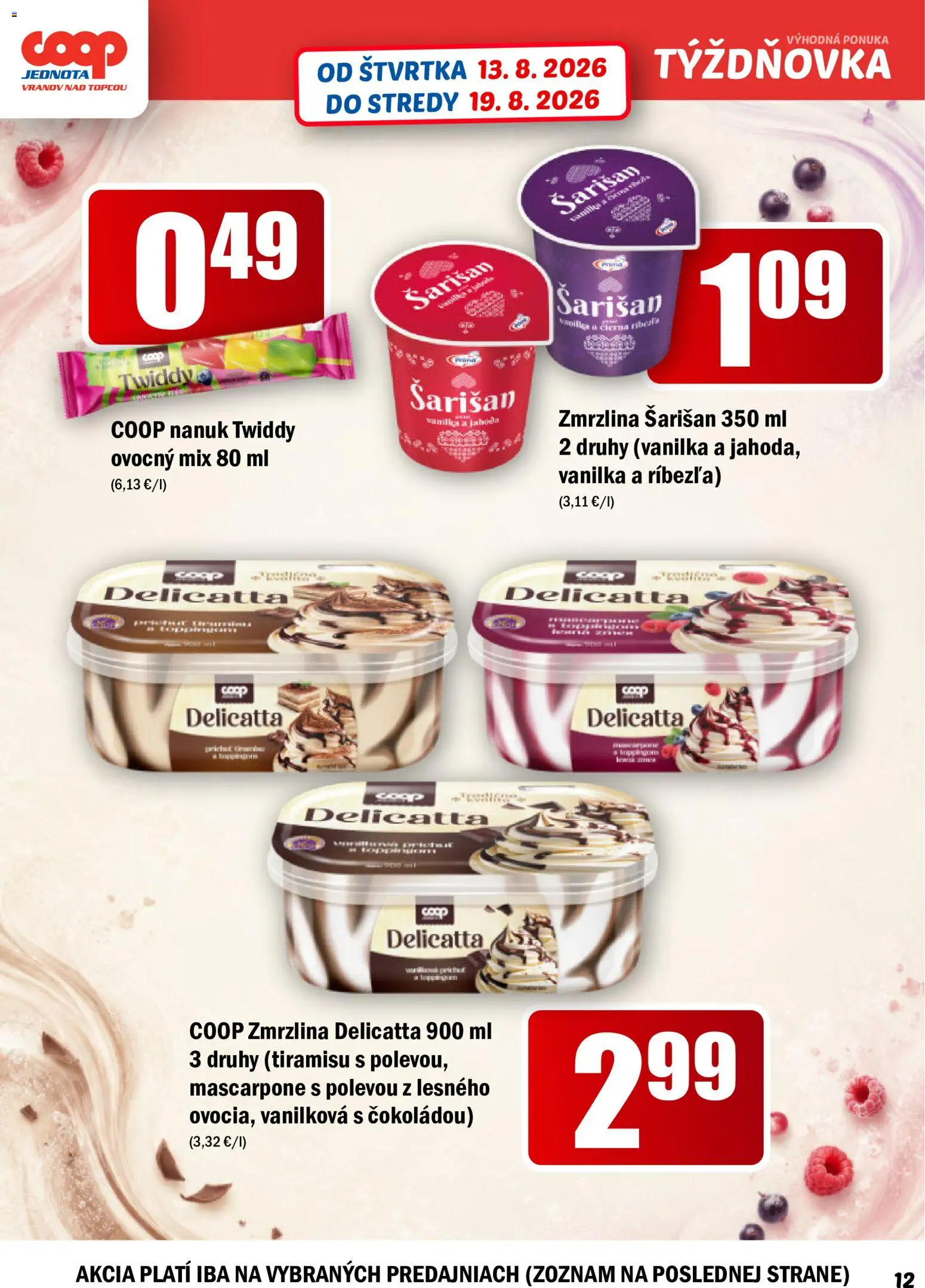 Nové COOP Jednota akcie – leták je platný od 13.08.2026 | Strana: 12 | Produkty: Nanuk, Tiramisu, Mascarpone, Vanilka
