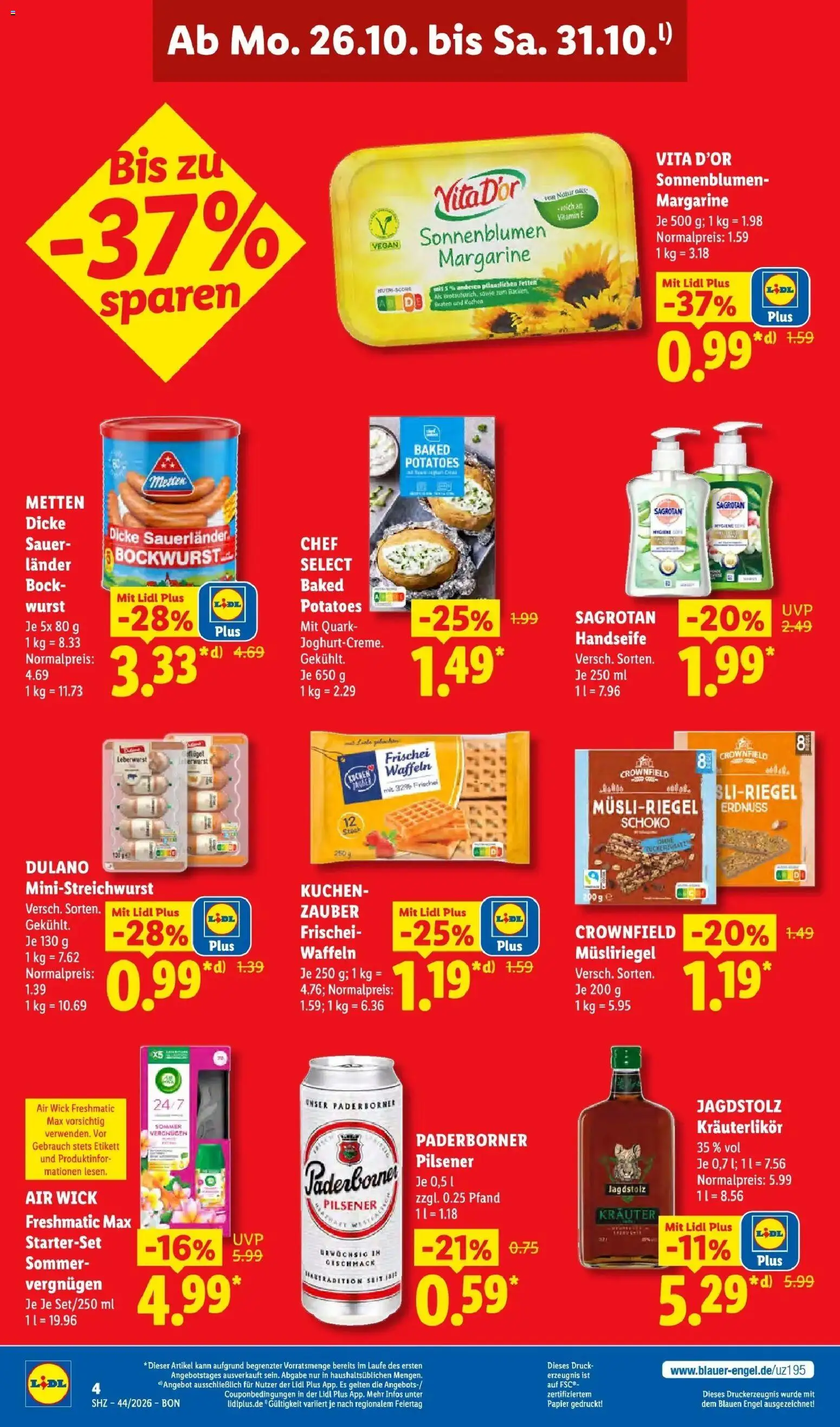 Lidl Prospekt Hagen – gültig ab 26.10.2026 | Seite: 4 | Produkte: Margarine, Quark, Waffeln, Wurst