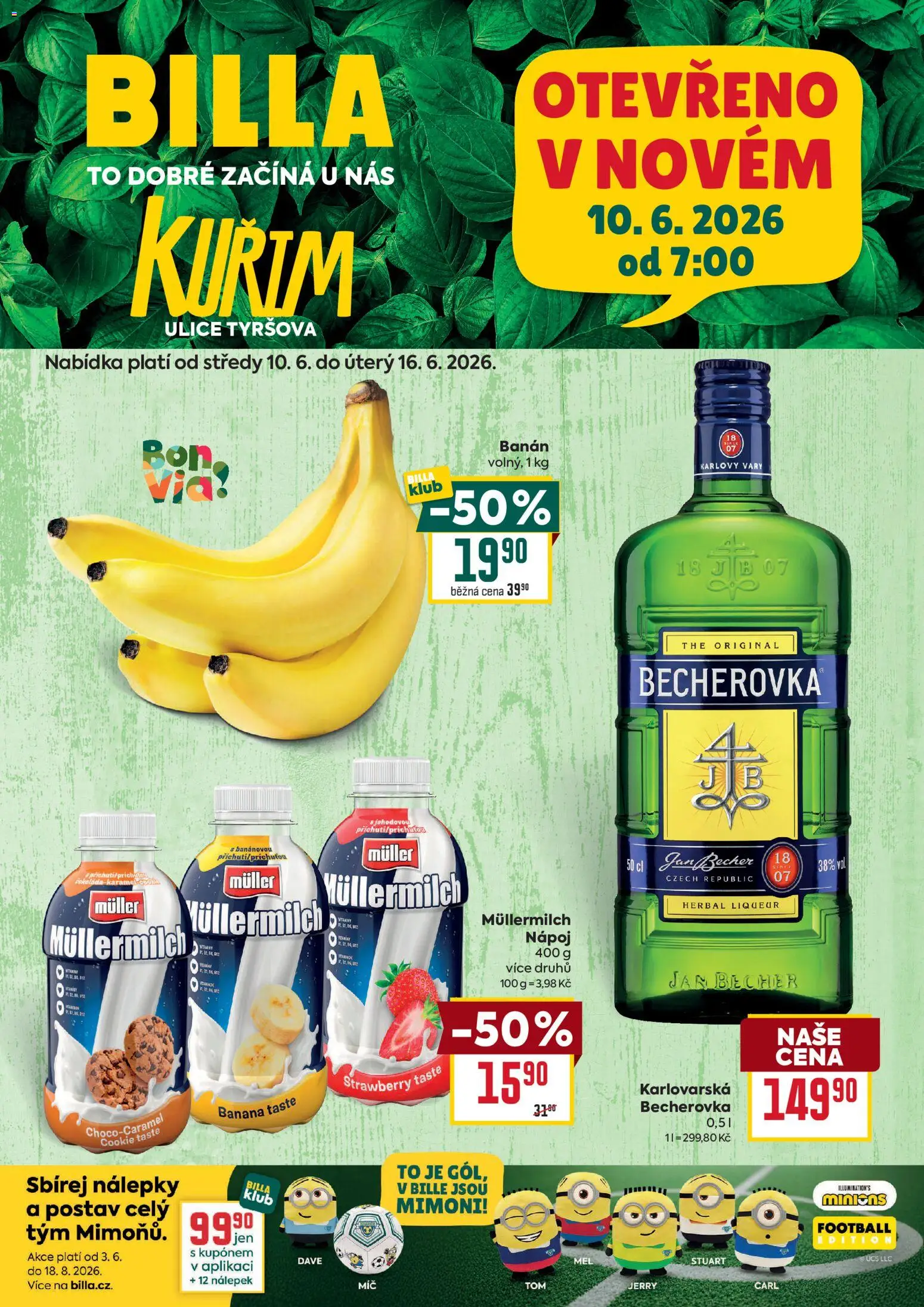 Billa leták - Kuřim od 10.06.2026 | Strana: 1 | Produkty: Nálepky, Banán, Mimoni, Becherovka