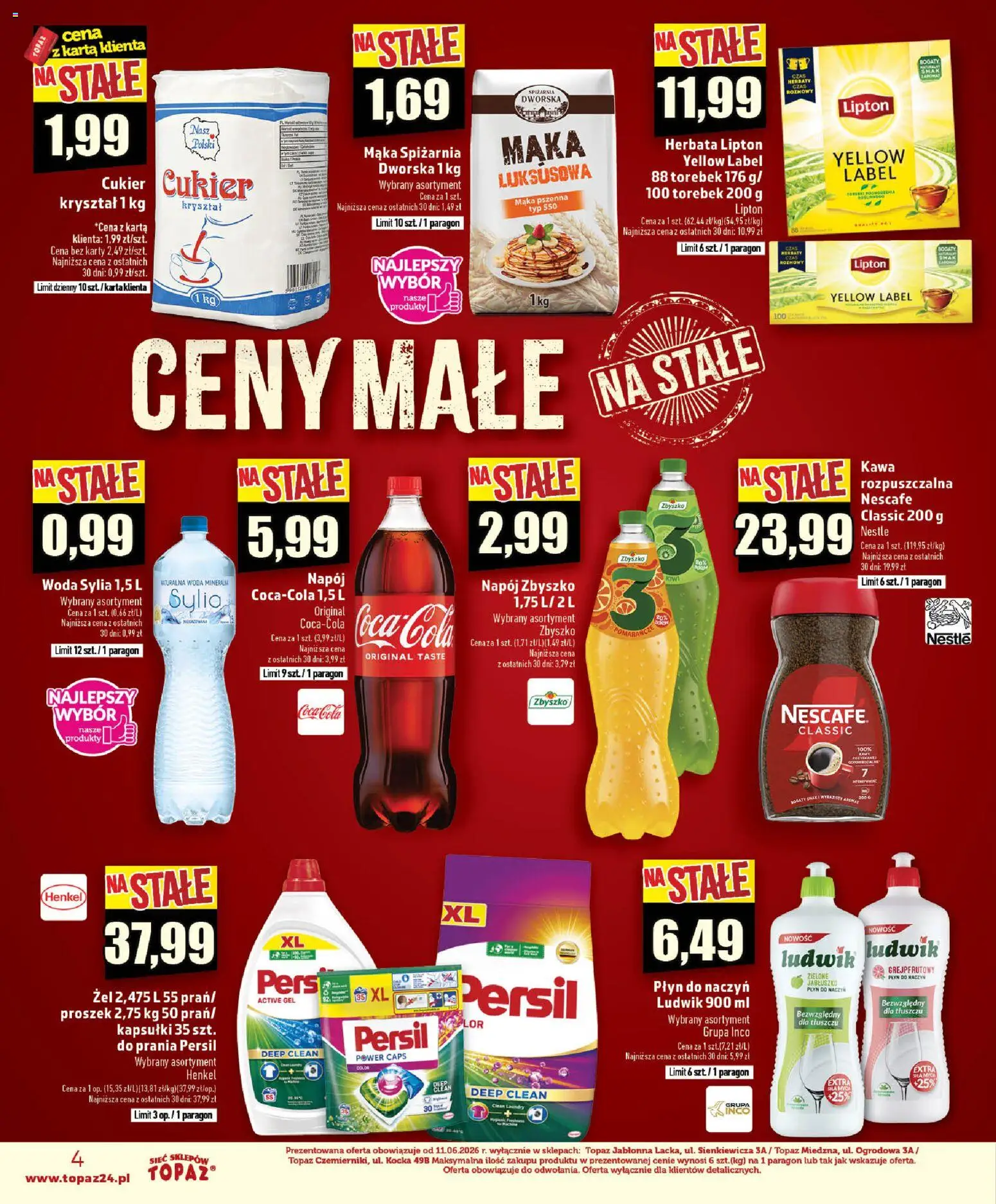 Topaz gazetka - Ceny małe na stałe od 10.09.2026 | Strona: 4 | Produkty: Proszek, Nescafe, Kawa, Mąka