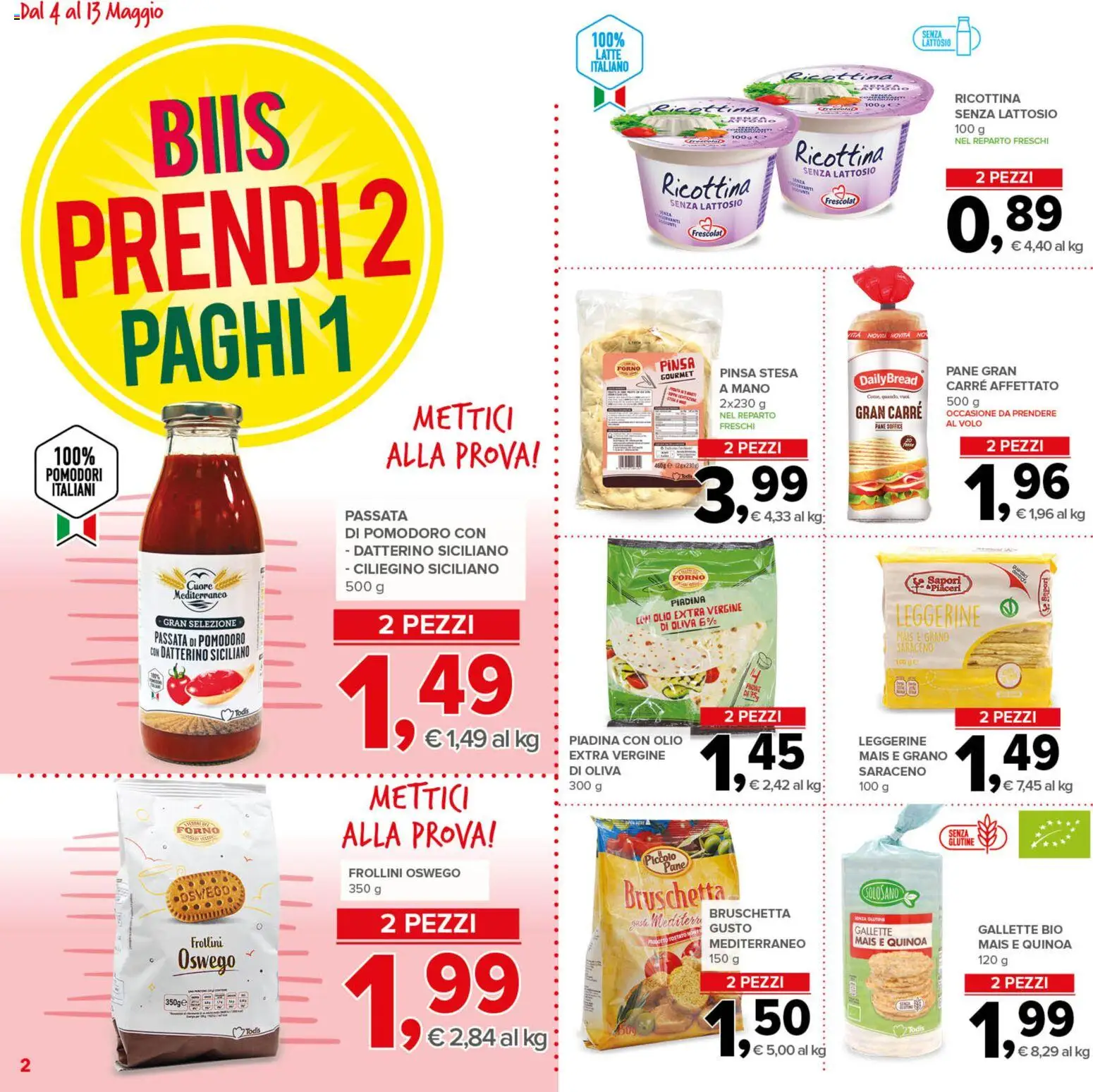 Volantino Todis del 04.05.2026 | Pagina: 2 | Prodotti: Pane, Olio, Piadina, Frollini