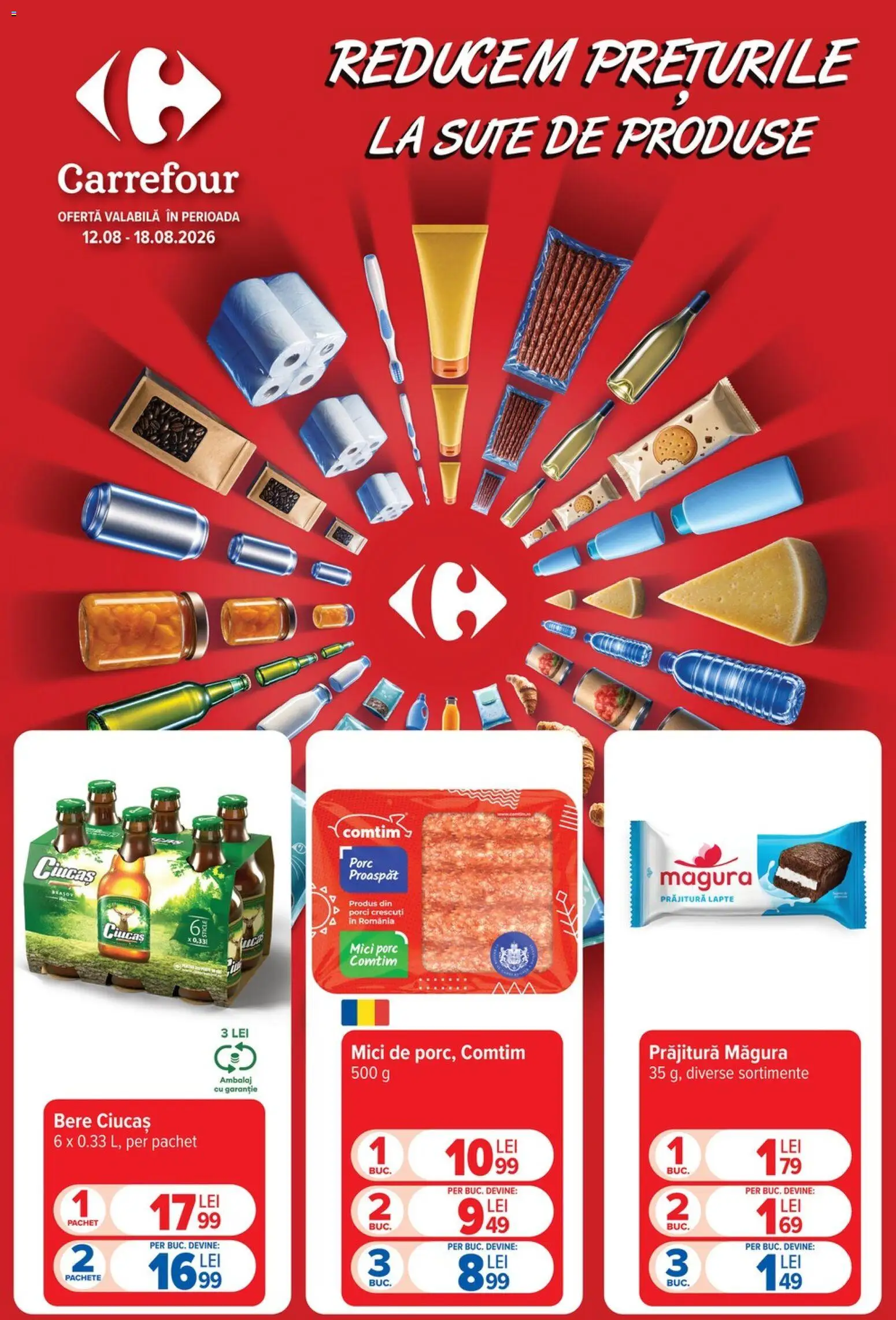 Noul catalog Carrefour – valabil de la 12.08.2026 | Pagină: 1 | Produse: Mici, Prăjitură, Lapte, Bere