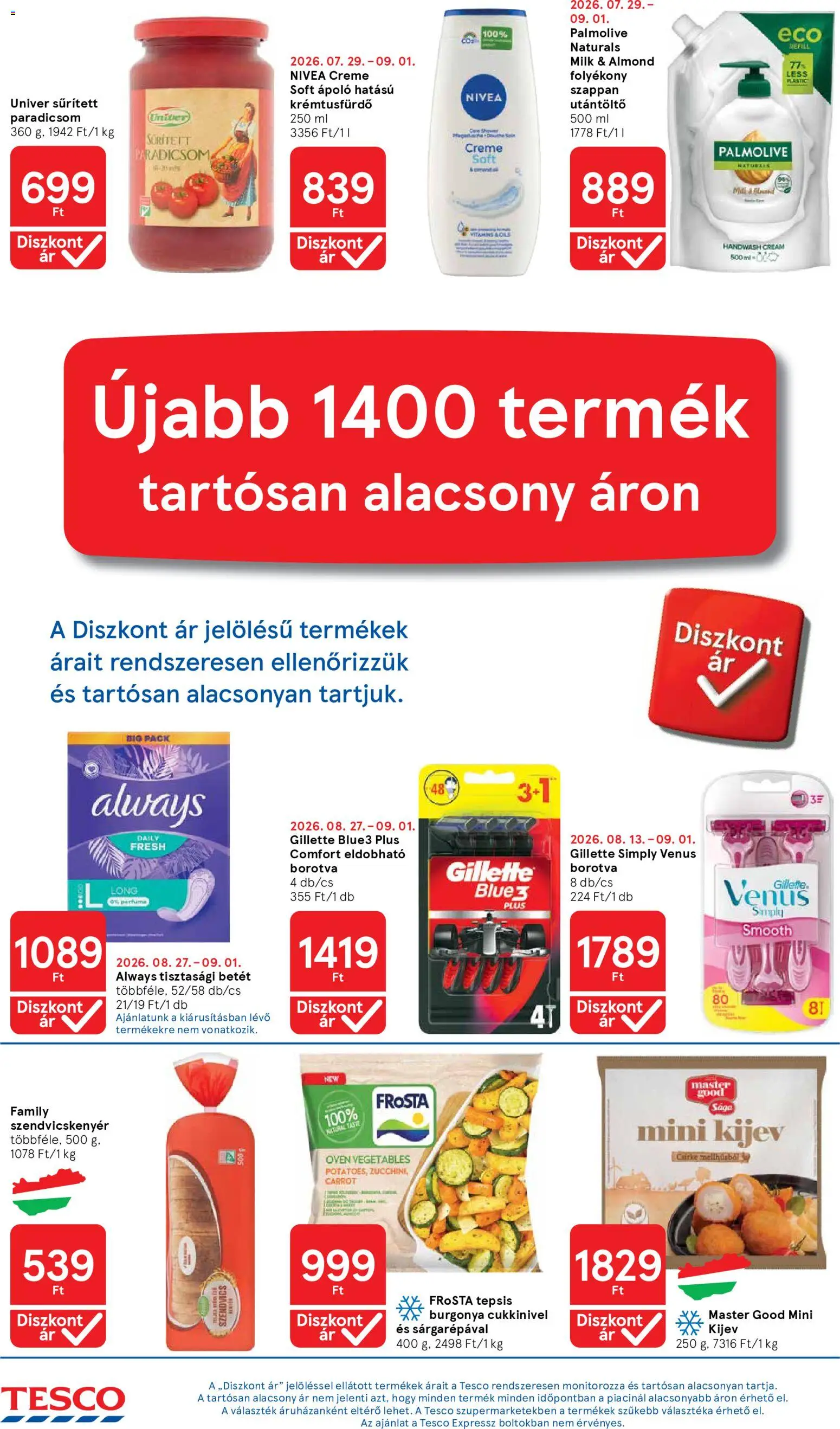 Tesco akciós ujság - amely érvényes a következő dátumtól: 2026.08.27. | Oldal: 4 | Termékek: Frosta, Tisztasági betét, Szappan, Eldobható borotva