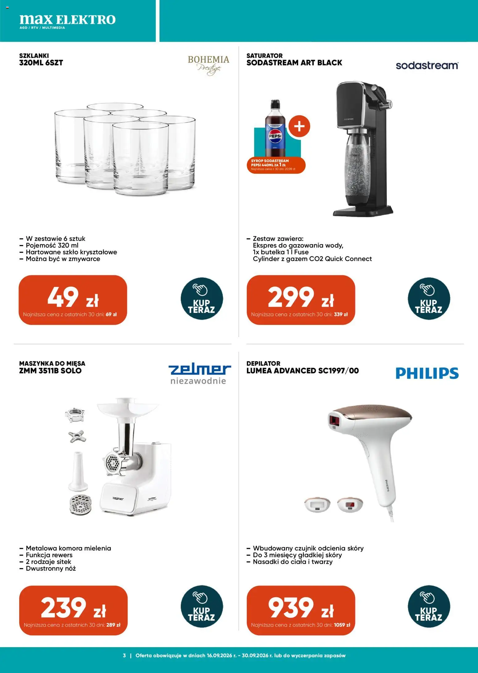 Max elektro gazetka od 16.09.2026 | Strona: 3 | Produkty: Syrop, Depilator, Pepsi, Maszynka do mięsa