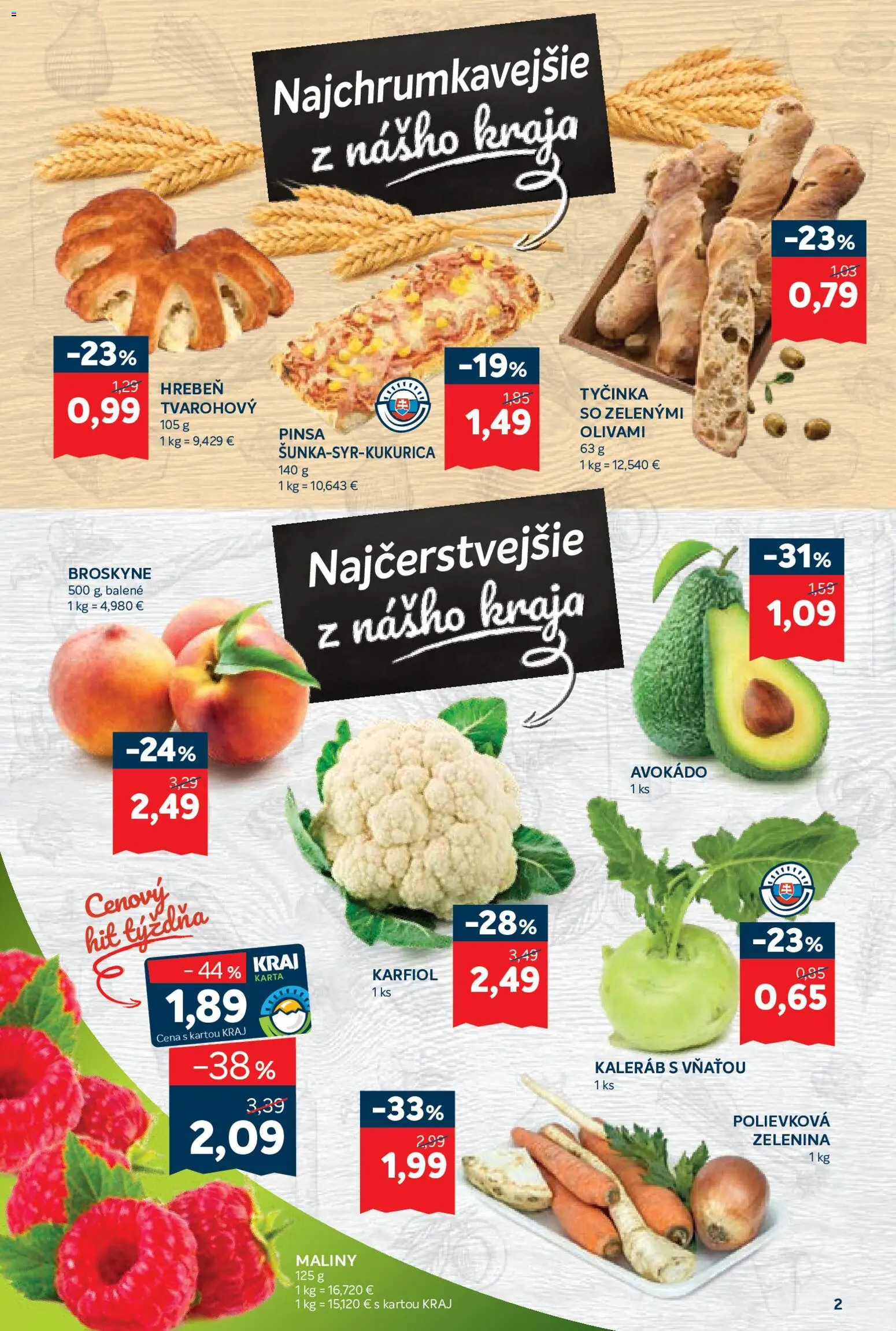 Nové Kraj akcie – leták je platný od 21.05.2026 | Strana: 2 | Produkty: Hrebeň, Avokádo, Broskyne, Maliny