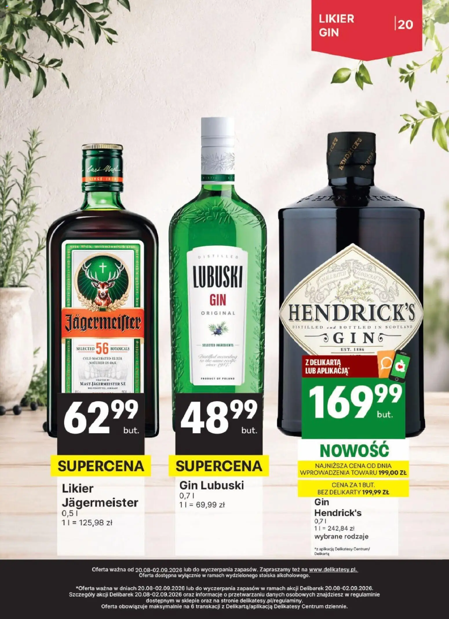 Delikatesy Centrum gazetka - DeliBarek od 20.08.2026 | Strona: 20 | Produkty: Gin Lubuski, Delikatesy, Jagermeister, Gin