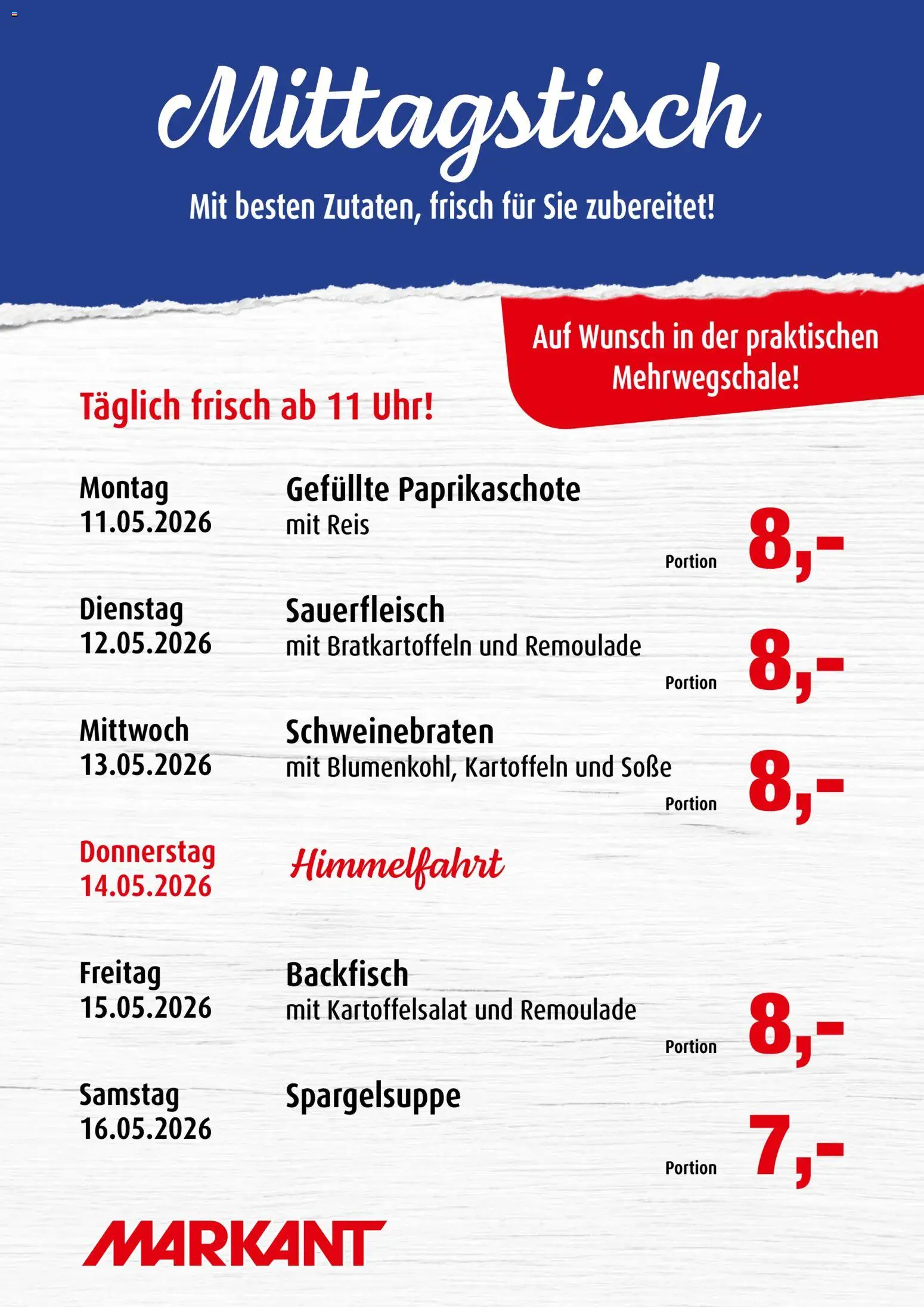 Markant Mittagstisch – gültig ab 11.05.2026 | Seite: 1 | Produkte: Kartoffeln, Soße, Reis, Uhr