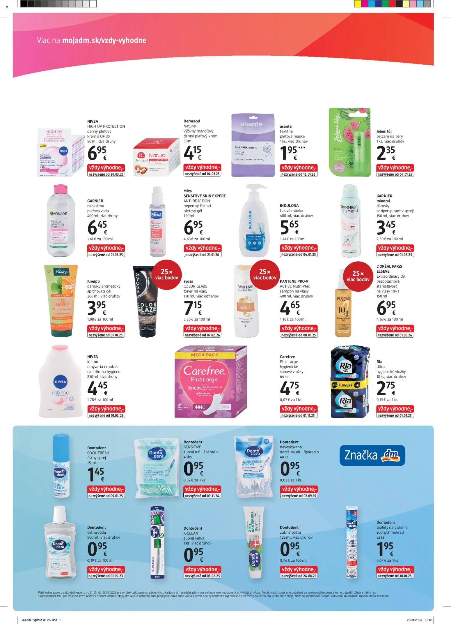Nové dm drogerie akcie – leták je platný od 01.05.2026 | Strana: 2 | Produkty: Zubná kefka, Šampón, Toner, Indulona