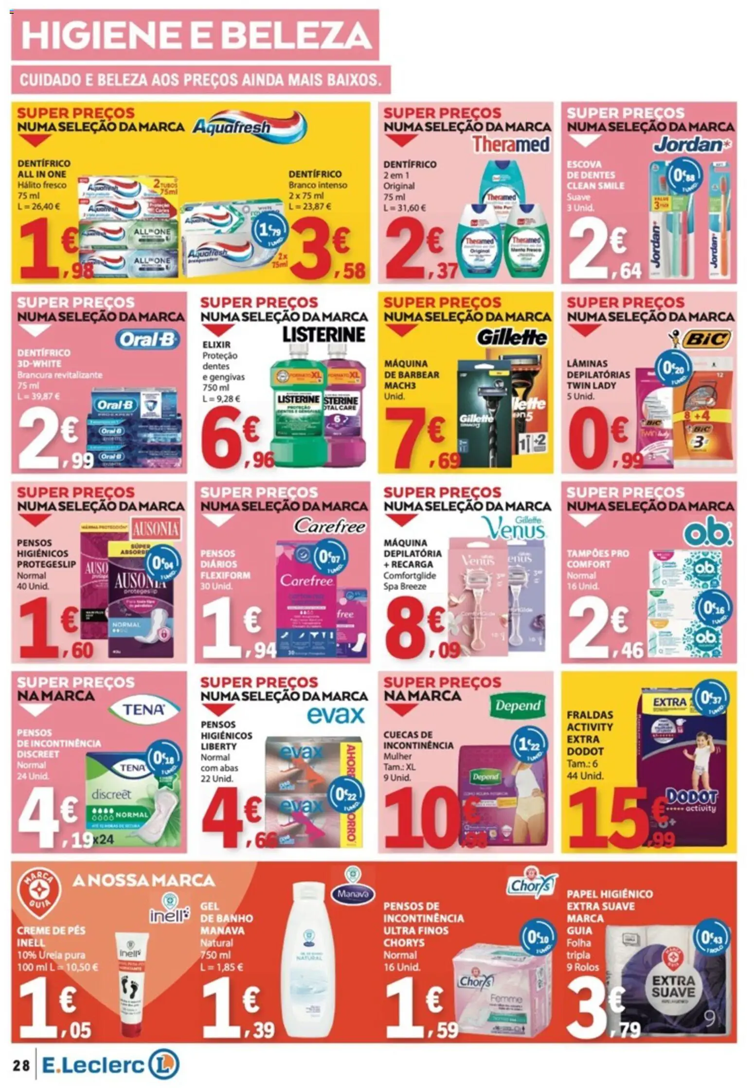 E.Leclerc folheto │ válido de 07.05.2026 | Página: 28 | Produtos: Papel higiénico, Fraldas, Creme, Cuecas
