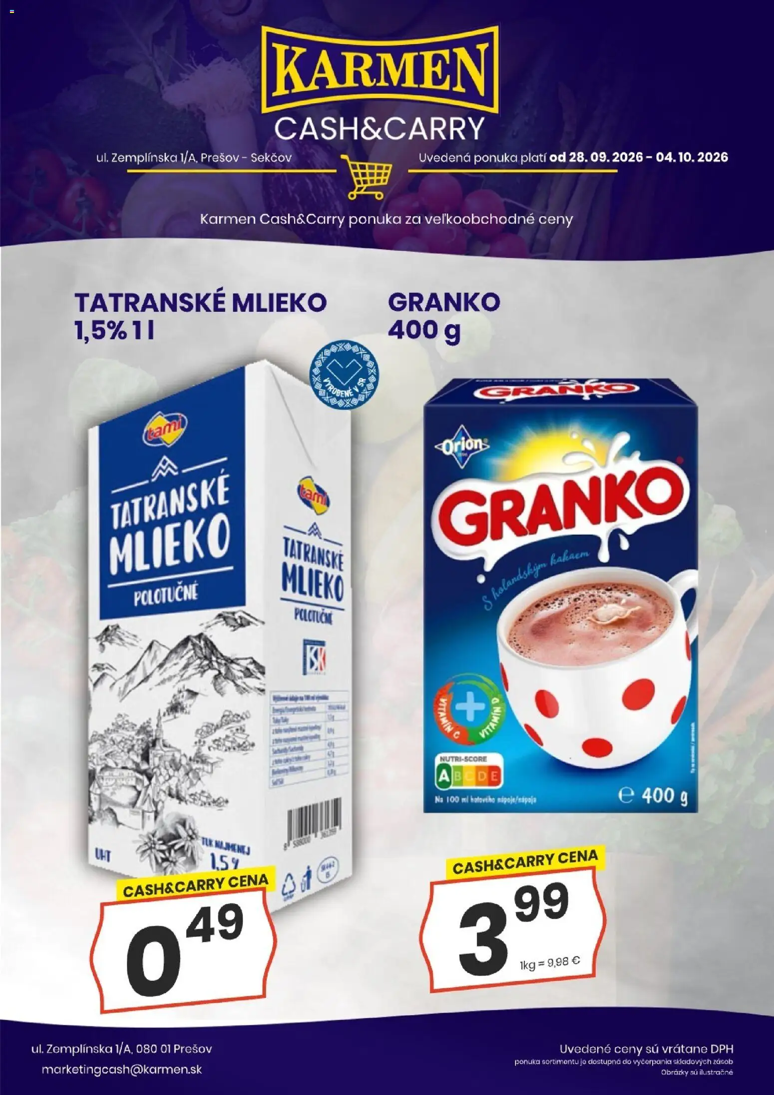 Nové KARMEN CBA akcie – leták je platný od 28.09.2026 | Strana: 4 | Produkty: Mlieko, Mlieko polotučné, Granko