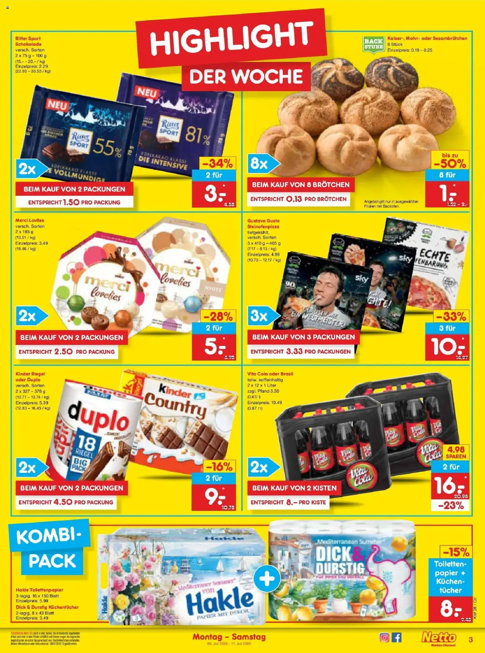 Netto Marken-Discount - Netto: Wochenangebote – gültig ab 05.07.2026 | Seite: 3 | Produkte: Gustavo gusto, Merci, Kinder riegel, Kuchen