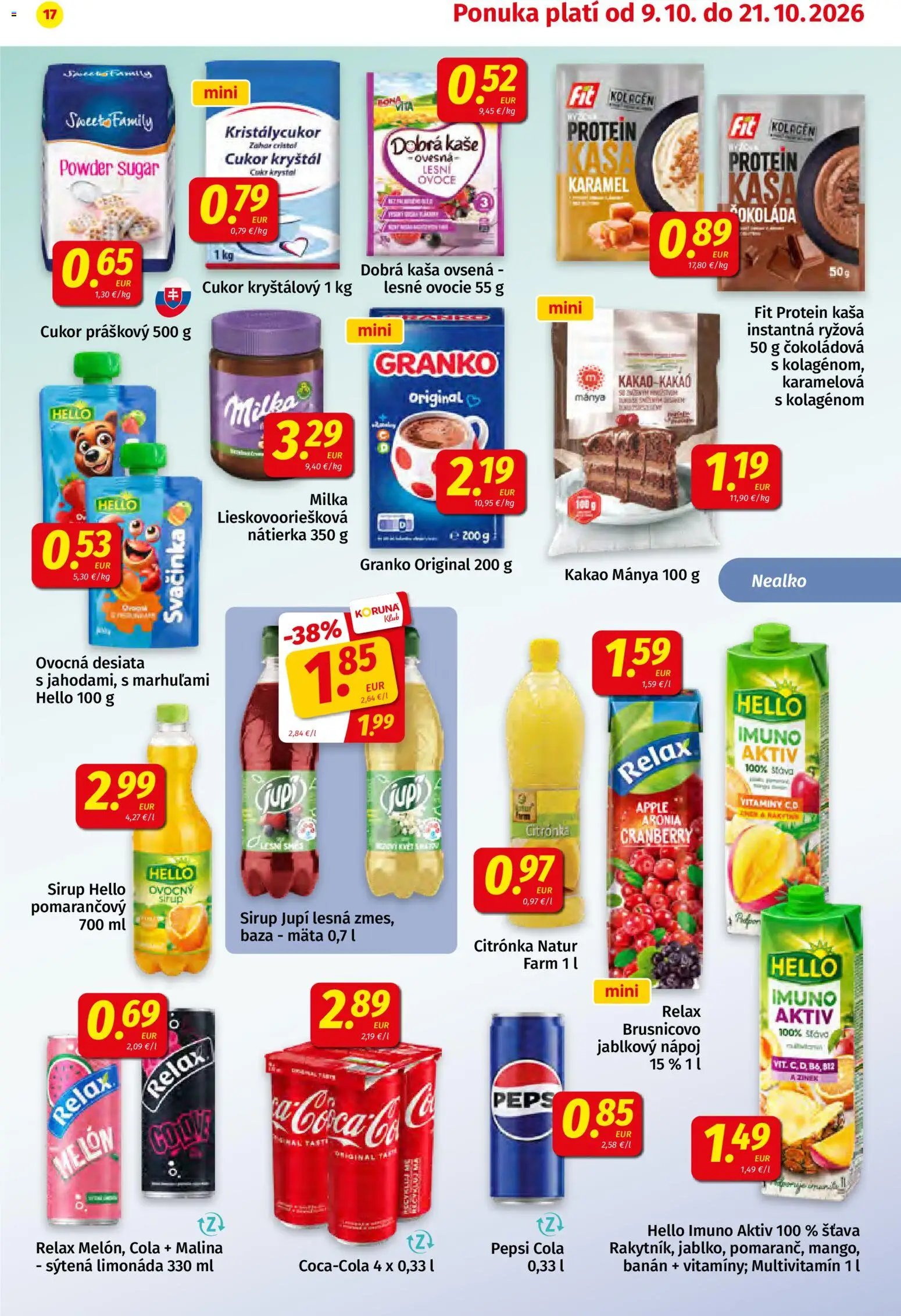 Nové Koruna akcie – leták je platný od 09.10.2026 | Strana: 17 | Produkty: Melón, Kaša, Cola, Kakao
