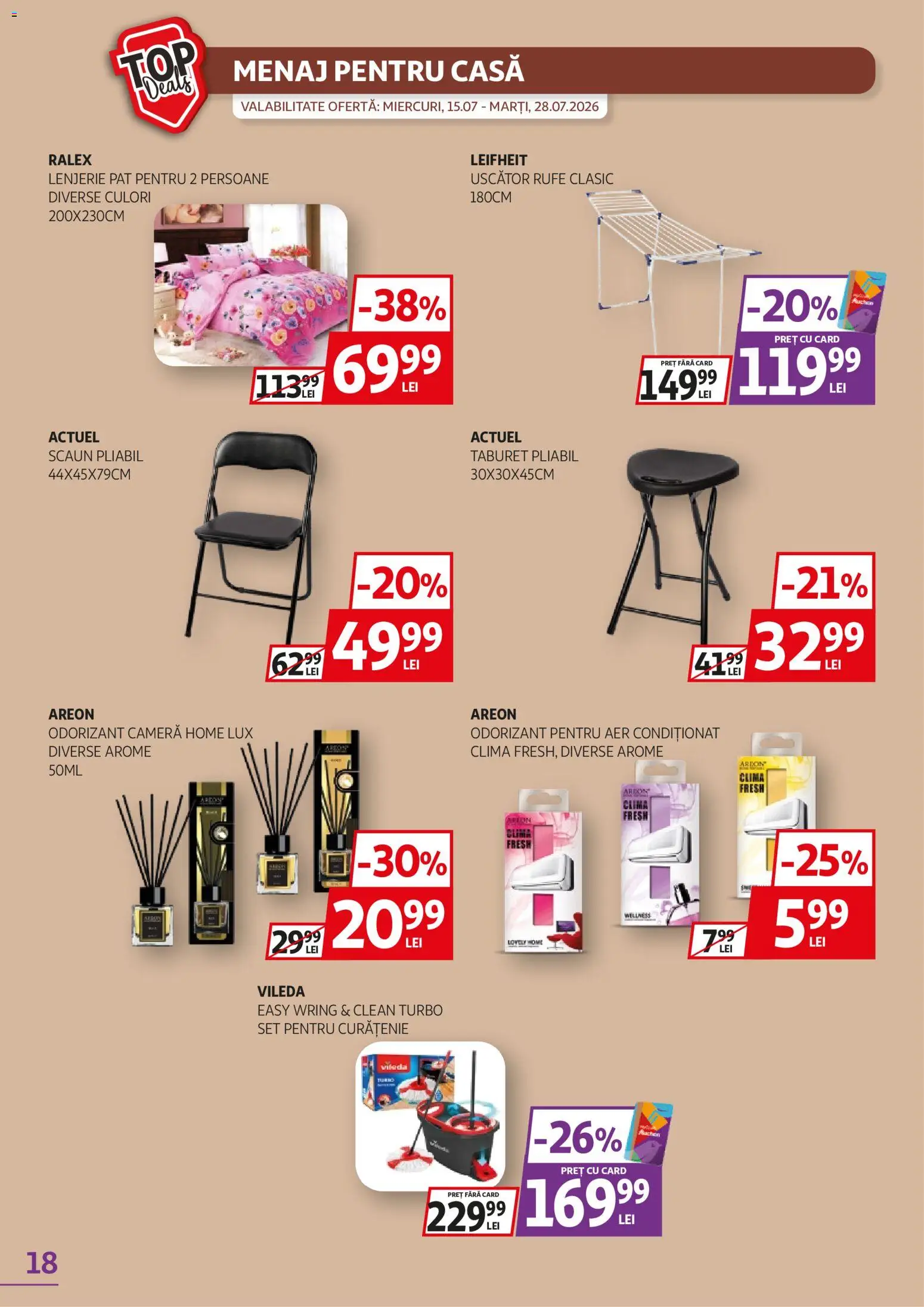 Noul catalog Auchan – valabil de la 15.07.2026 | Pagină: 18 | Produse: Clean, Aer Condiționat, Pat, Uscător rufe