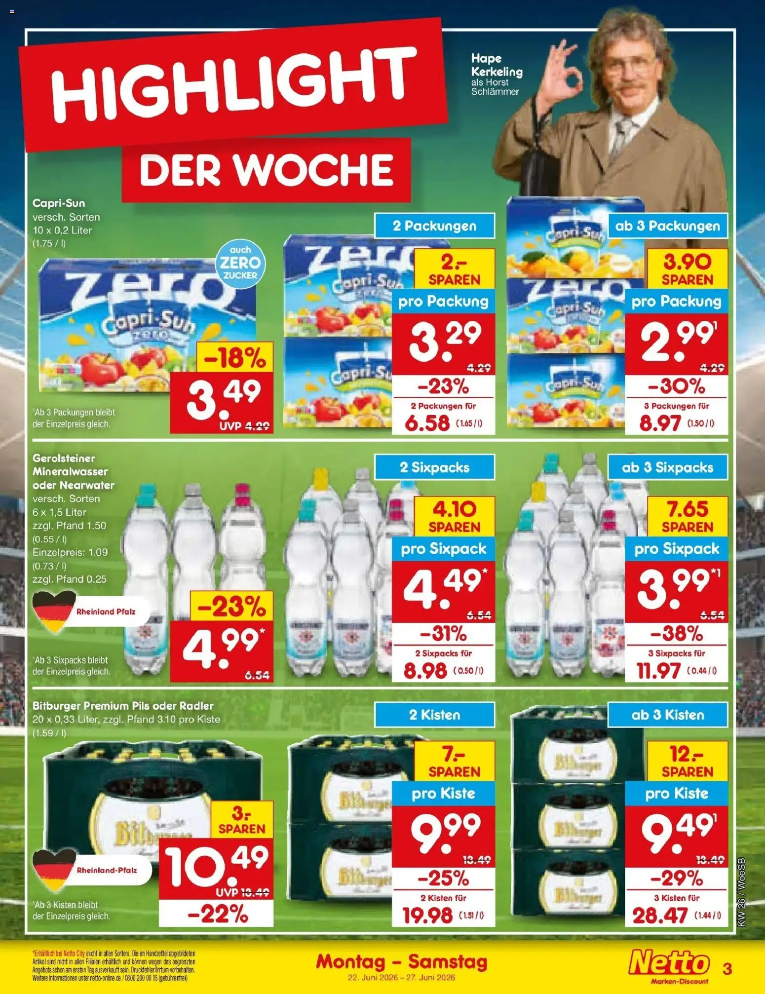 Netto Marken-Discount Prospekt Katzweiler – gültig ab 21.06.2026 | Seite: 3 | Produkte: Bitburger, Capri sun, Pils, Mineralwasser