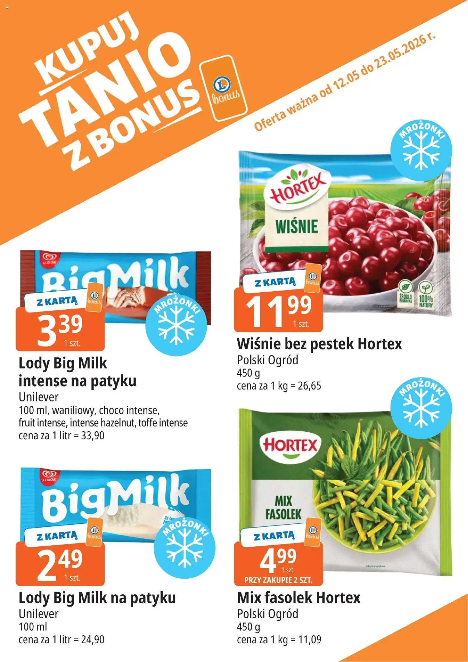 E.Leclerc gazetka - Zamość kupony dodatkowe od 12.05.2026 | Strona: 10 | Produkty: Karta, Wiśnie, Big Milk, Lody