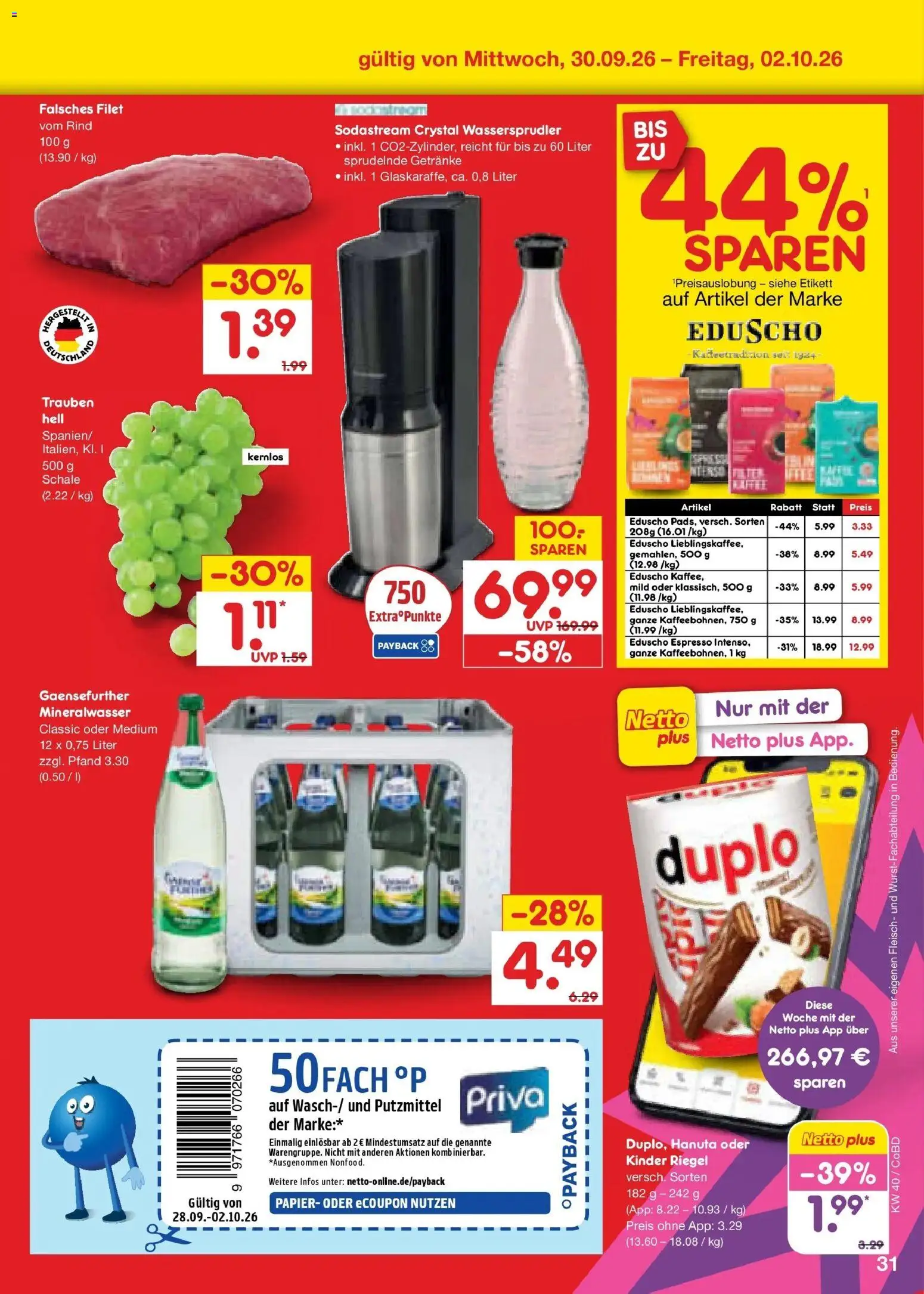 Netto Marken-Discount Prospekt Delitzsch – gültig ab 28.09.2026 | Seite: 49 | Produkte: Kinder riegel, Mineralwasser, Fleisch, Eduscho