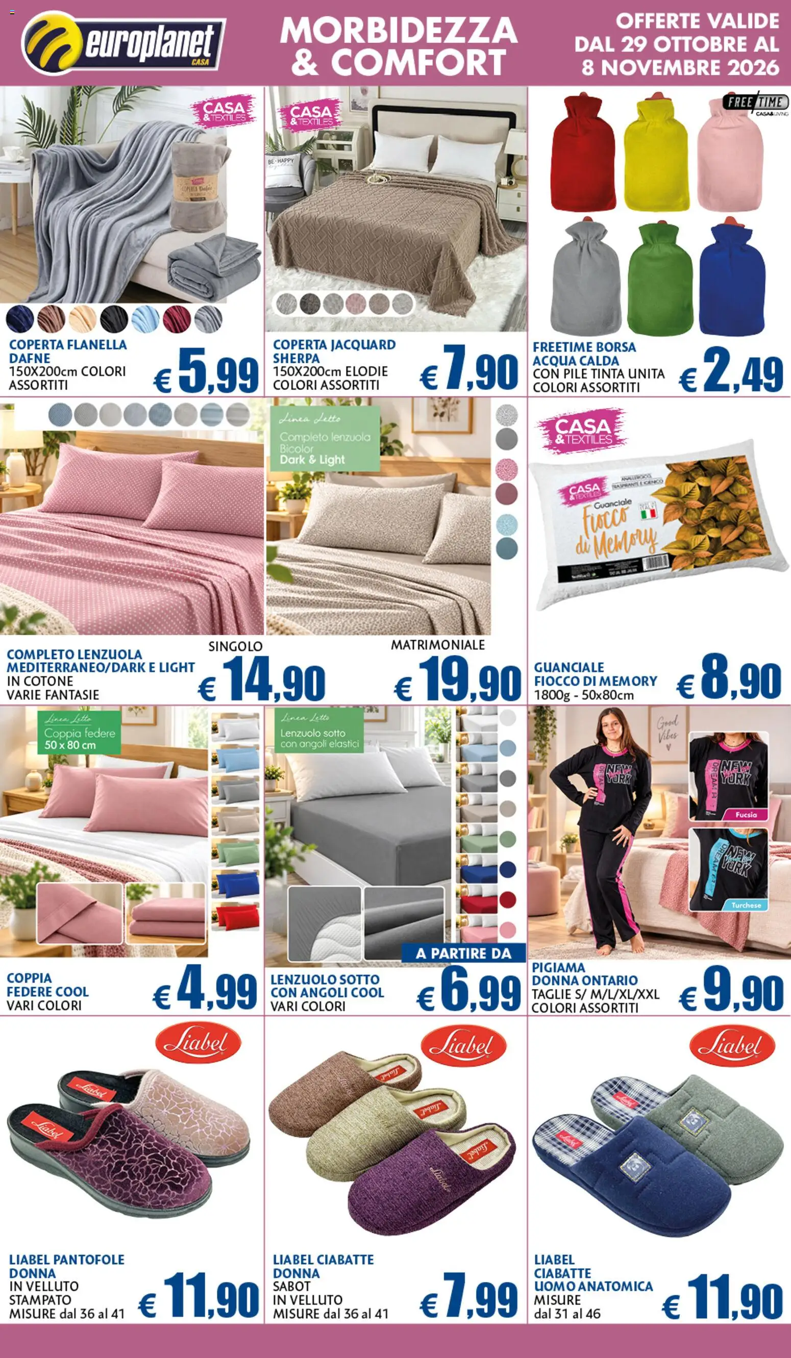 Volantino Europlanet Casa del 29/10/2026 | Pagina: 13 | Prodotti: Pile, Borsa, Lenzuola, Guanciale