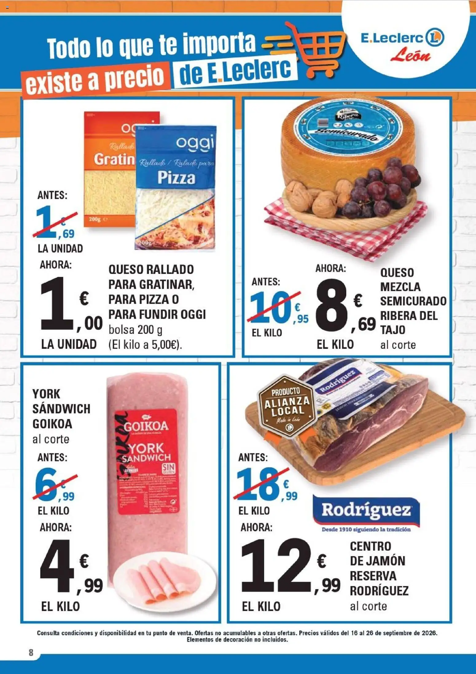 E.Leclerc - León │ válido desde el 16/09/2026 | Página: 8 | Productos: Queso, Pizza, Bolsa, Decoración