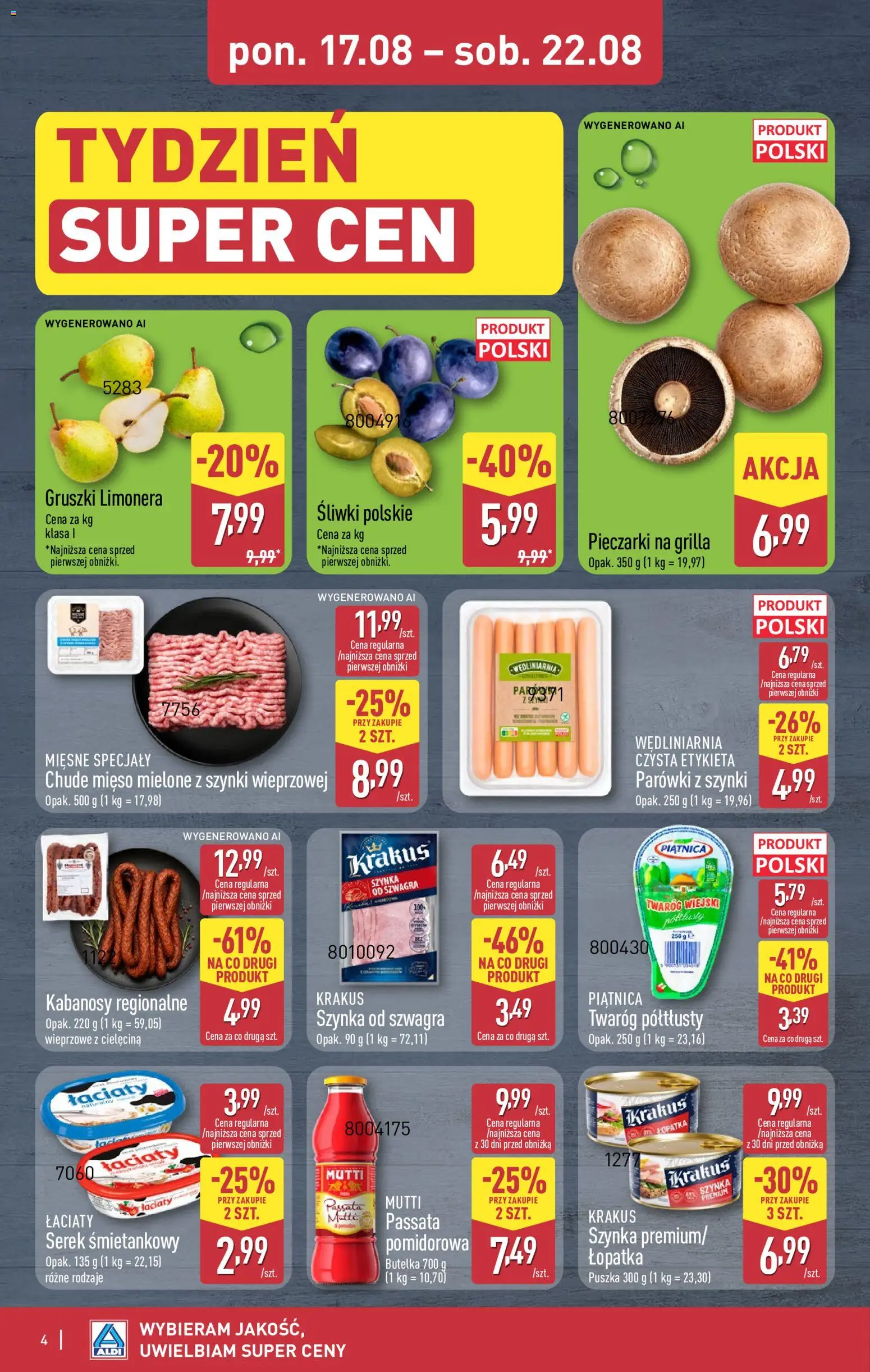 Aldi gazetka - Oferta weekendowa od 20.08.2026 | Strona: 4 | Produkty: Gruszki, Pieczarki, Chude mieso mielone z szynki, Kabanosy
