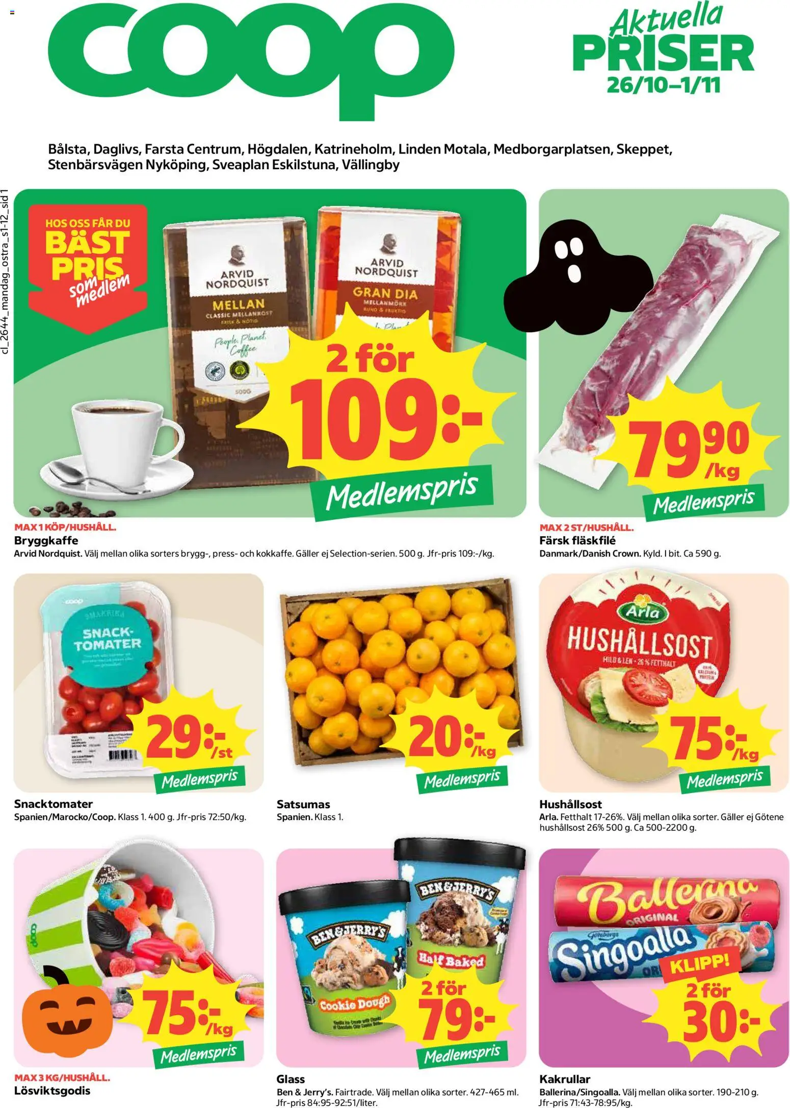Coop Daglivs reklamblad aktuell från 26/10/2026 | Sida: 1 | Produkter: Ben, Ballerina, Hushållsost, Fläskfilé