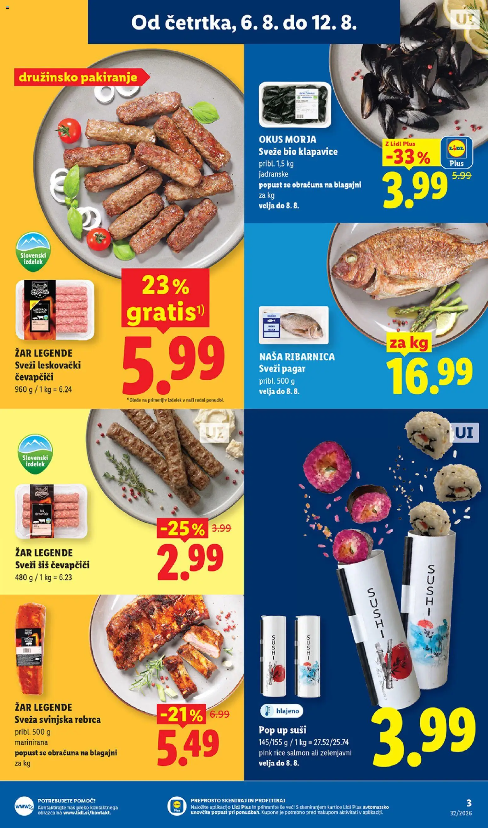 Novi Lidl katalog ponudbe – veljaven od 06.08.2026 | Stran: 3 | Izdelki: Rebrca, Čevapčiči, Zar, Suši