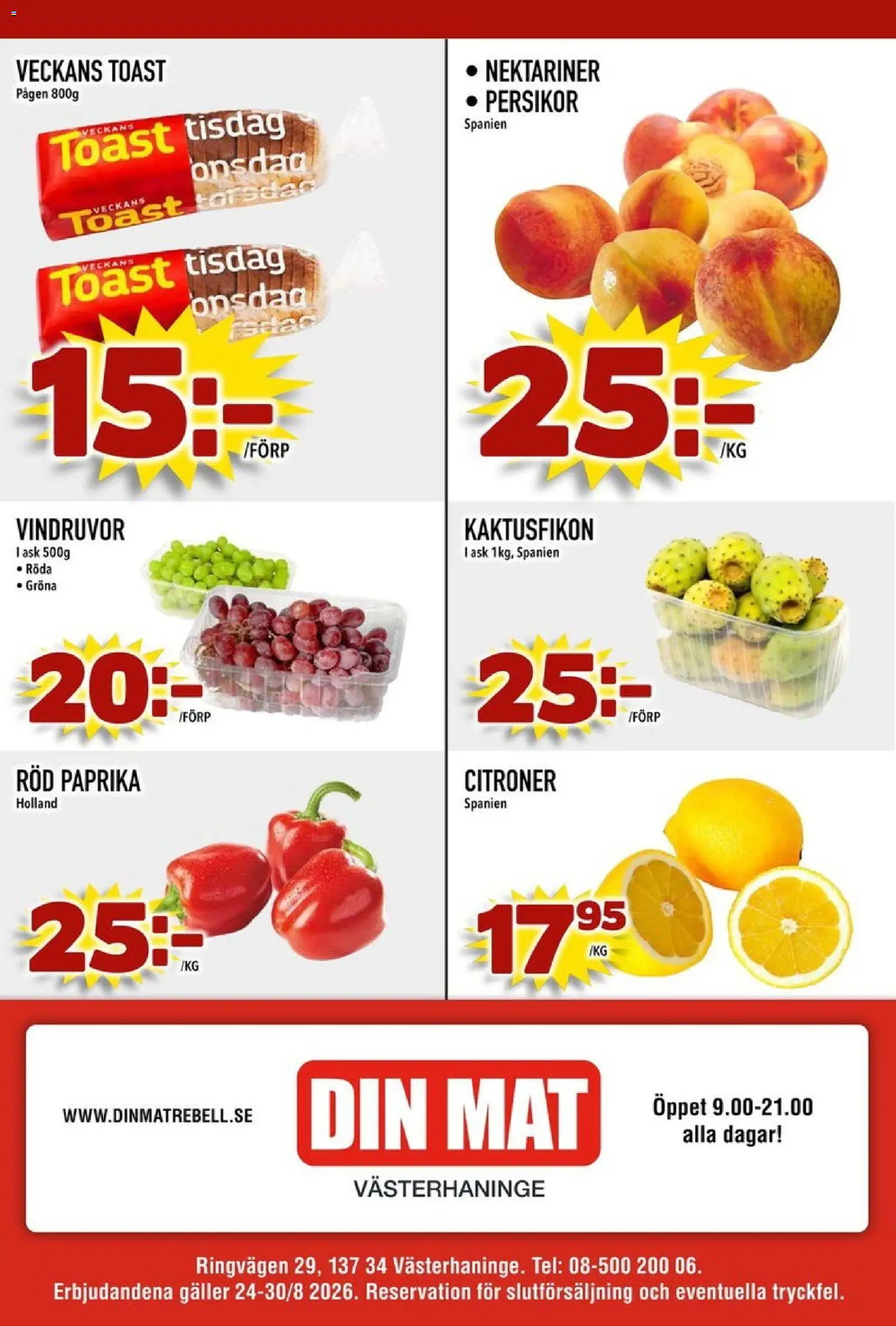 Din Mat reklamblad aktuell från 24/08/2026 | Sida: 8 | Produkter: Vindruvor, Galler, Nektariner, Röd paprika