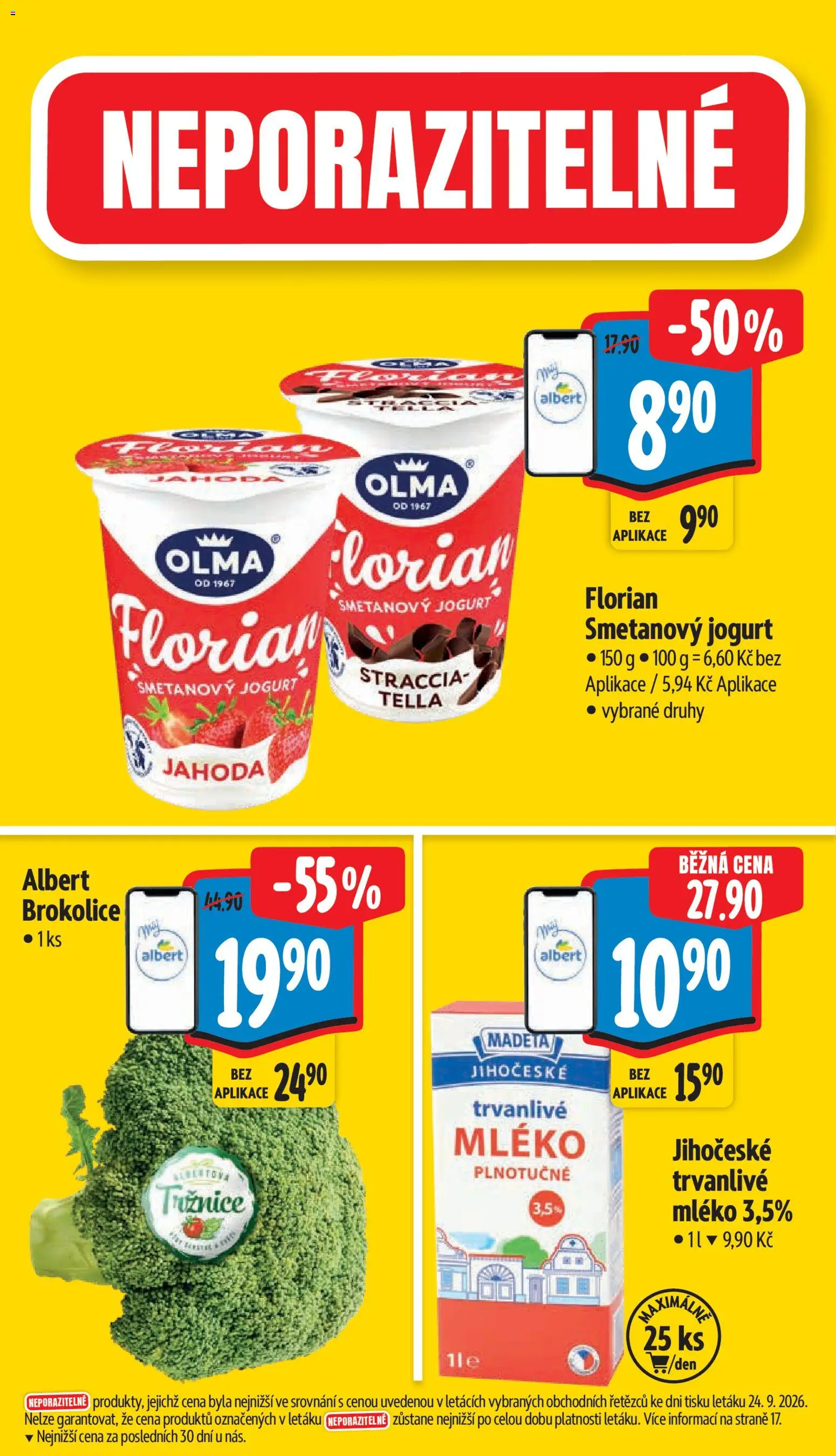 Albert leták - Supermarket Frenštát pod Radhoštěm od 30.09.2026 | Strana: 3 | Produkty: Mléko, Jogurt, Trvanlivé mléko, Brokolice
