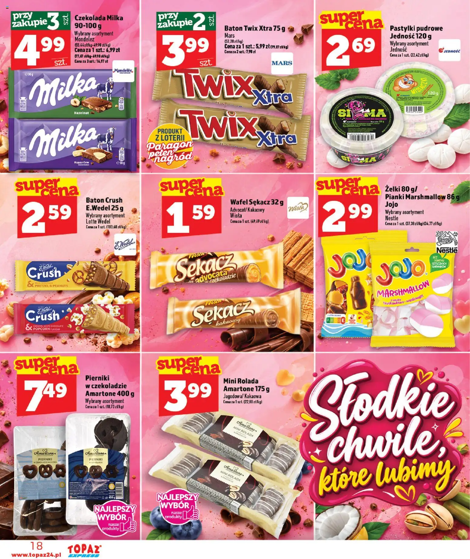 Topaz gazetka - Express od 08.10.2026 | Strona: 18 | Produkty: Rolada, Pianki marshmallow, Czekolada, Pastylki pudrowe