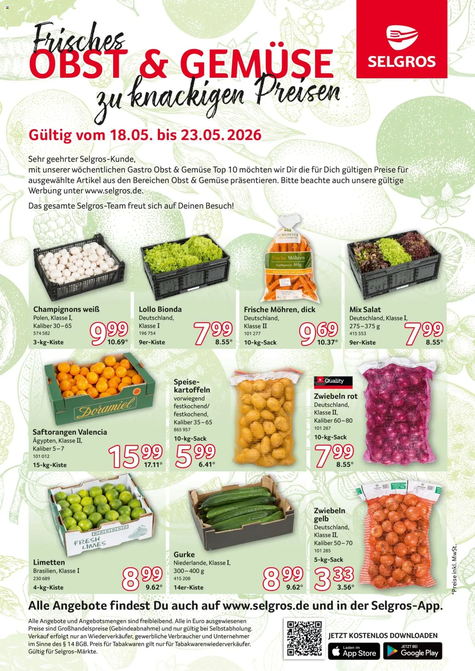Selgros Obst & Gemüse – gültig ab 18.05.2026 | Seite: 1 | Produkte: Top, Mohren, Champignons, Salat