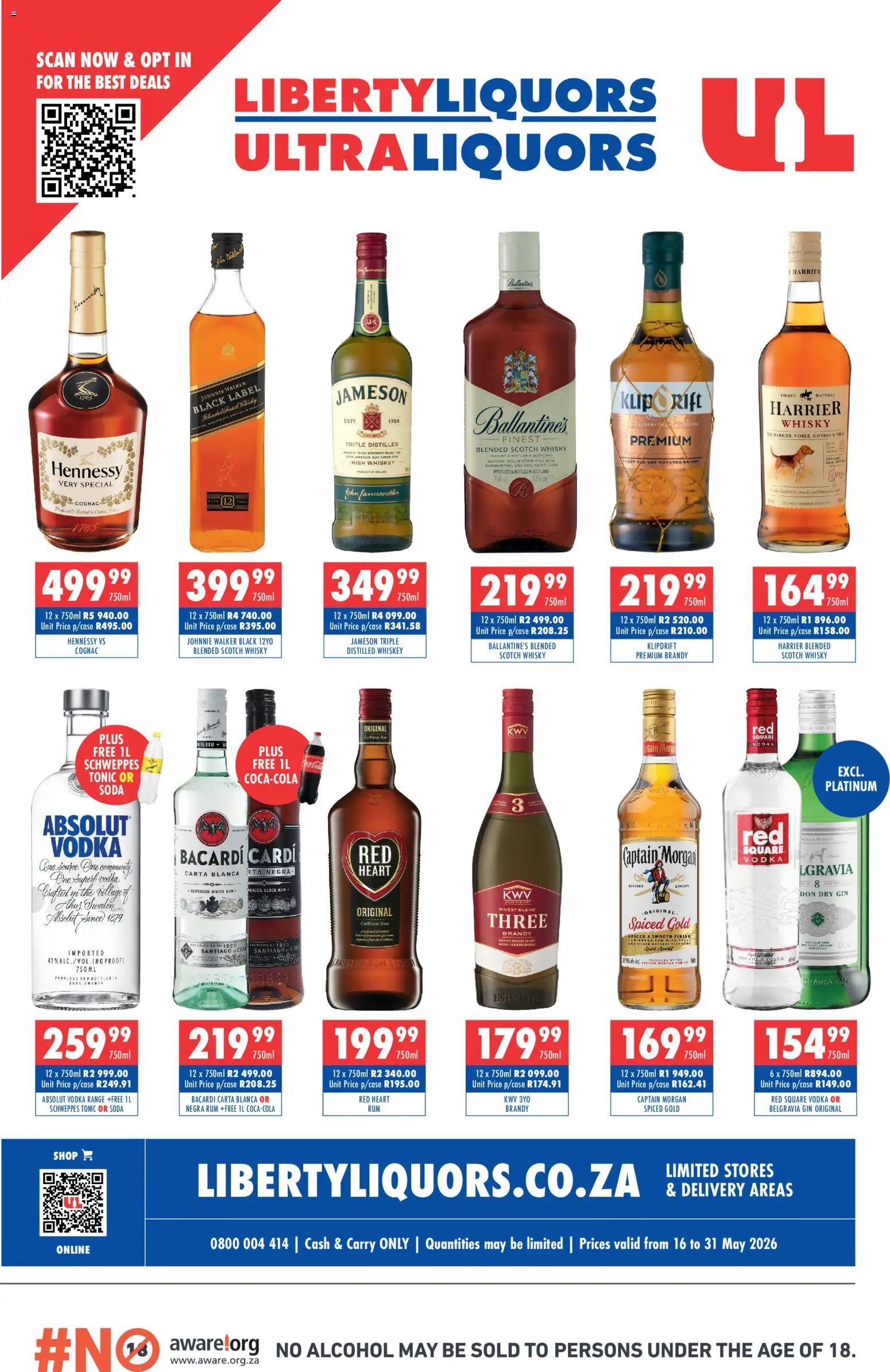 New Ultra Liquors catalogue – valid from 16.05.2026 | Page: 1 | Products: Brandy, Gin, Whiskey, Ensalada de quino