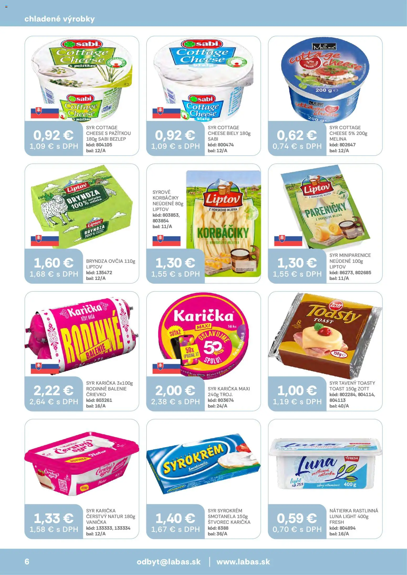 Nové Labaš akcie – leták je platný od 23.10.2026 | Strana: 6 | Produkty: Korbáčiky, Bryndza, Cottage cheese, Kaša