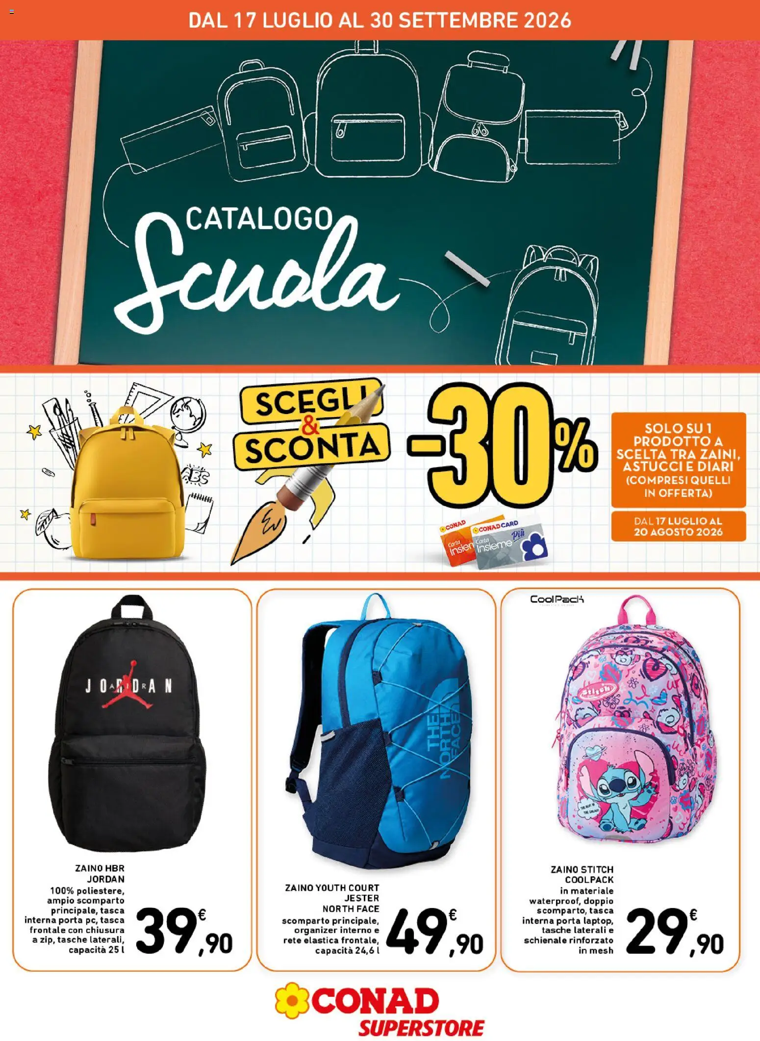Volantino Conad del 17/07/2026 | Pagina: 1 | Prodotti: Jordan, Zaino, The