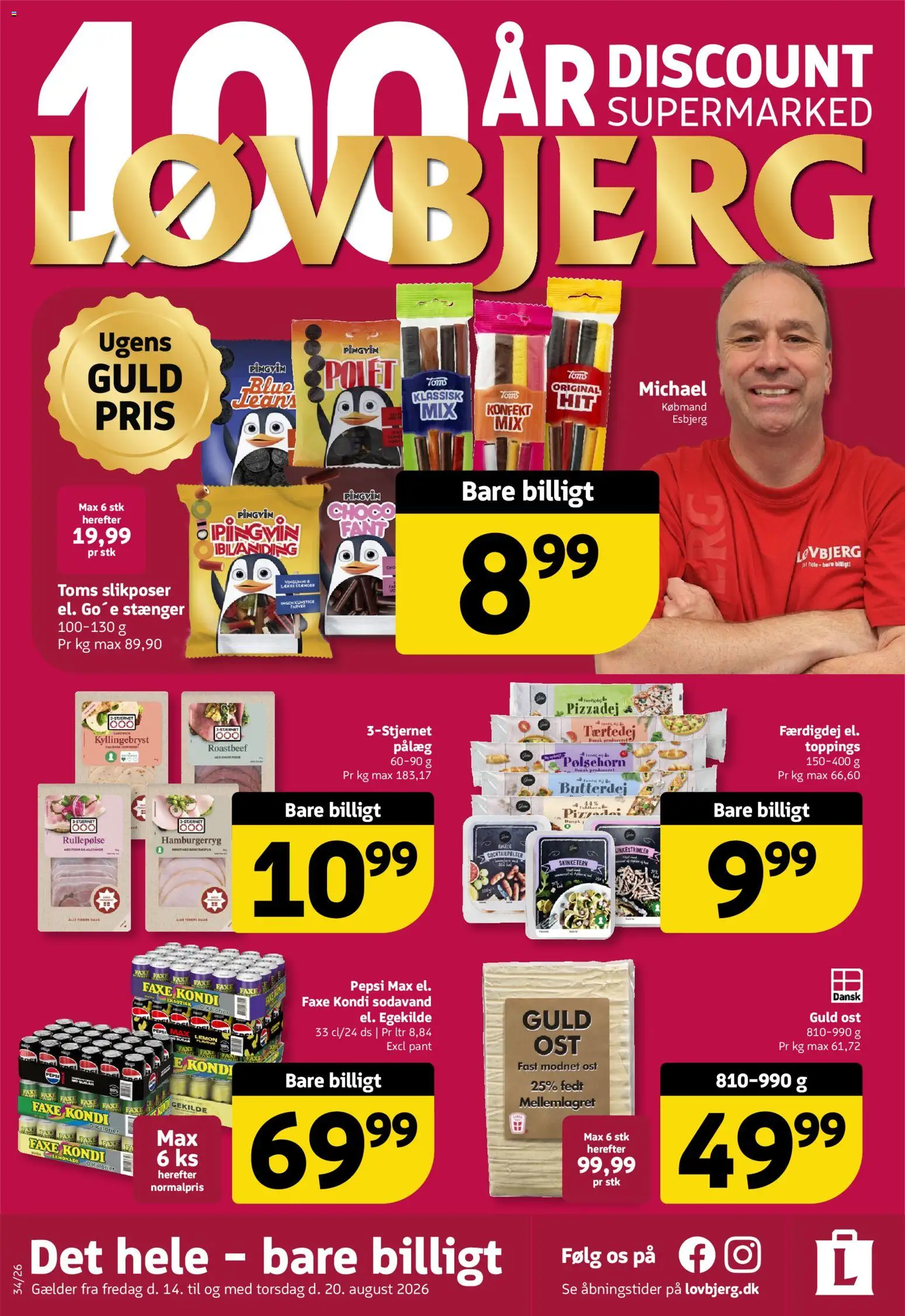 Løvbjerg tilbudsavis – gyldig fra 14/08/2026 | Side: 1 | Produkter: Ost, Pizzadej, Sodavand, Roastbeef