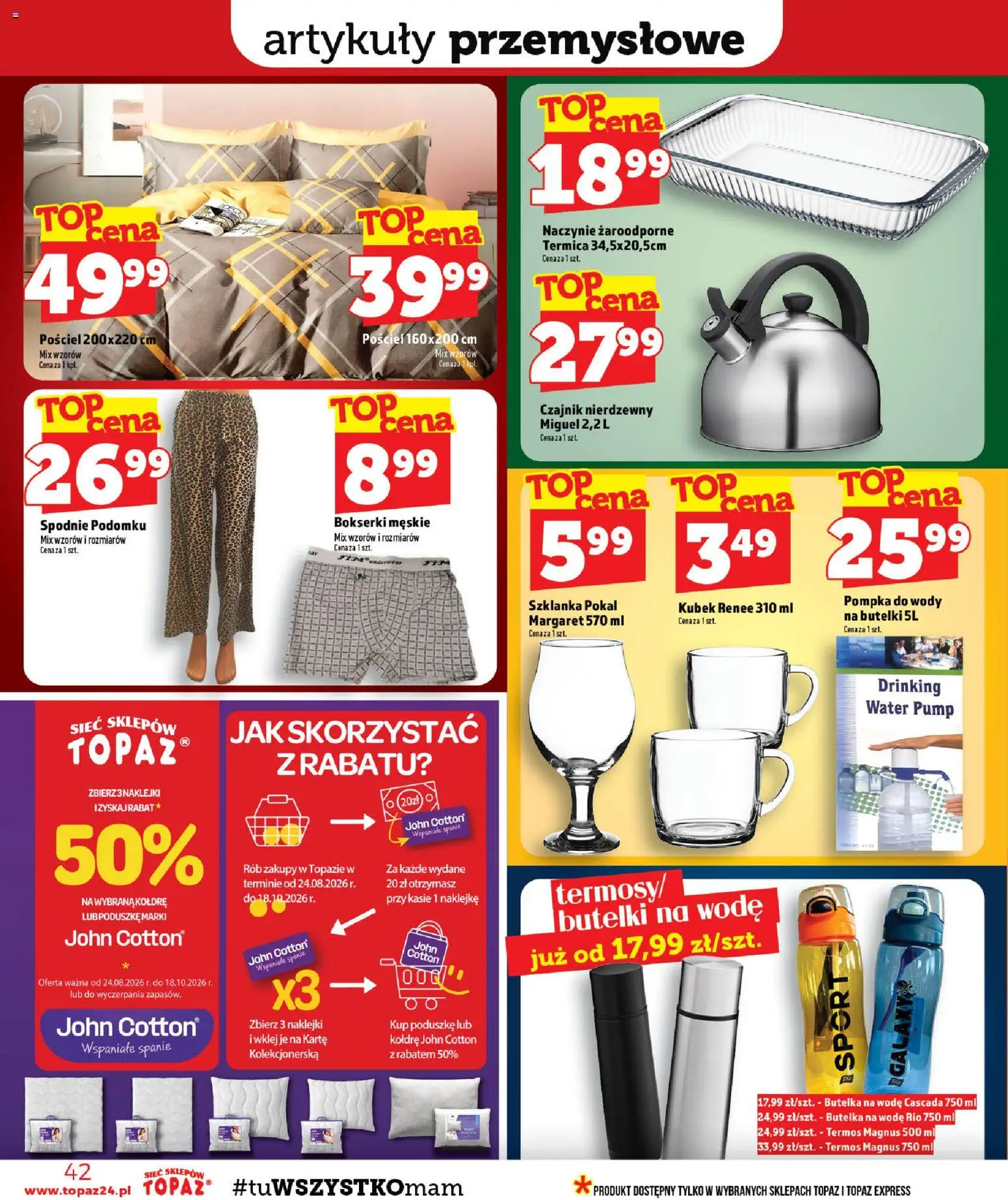 Topaz gazetka - MAZ od 27.08.2026 | Strona: 42 | Produkty: Pościel, Bokserki męskie, Naklejki, Termos