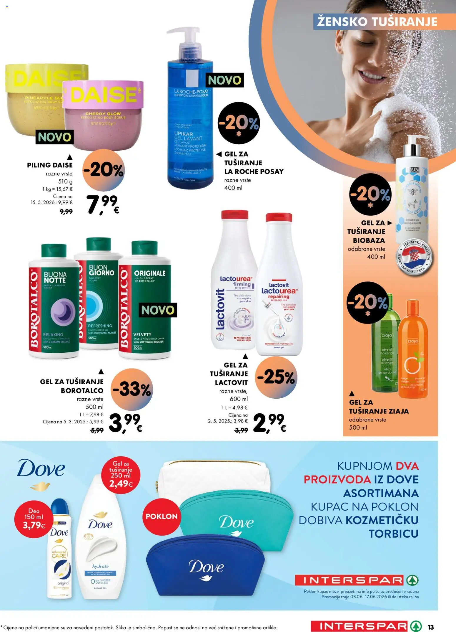 Interspar katalog | vrijedi od 04.06.2026 | Stranica: 13 | Proizvodi: Piling, Gel za tuširanje, Dove, Borotalco