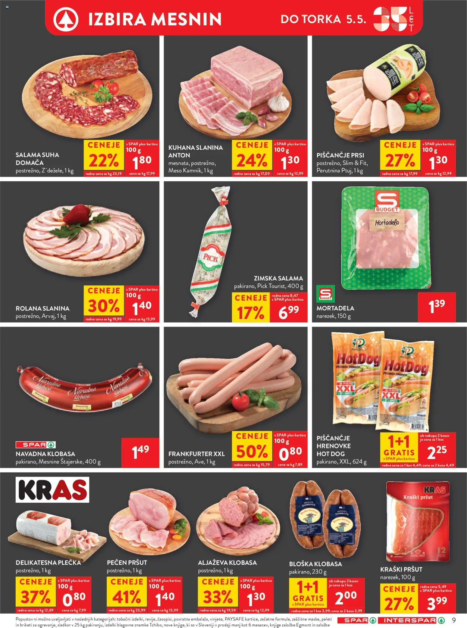 Novi Spar katalog ponudbe – veljaven od 29.04.2026 | Stran: 9 | Izdelki: Hrenovke, Mortadela, Salama, Sladkor