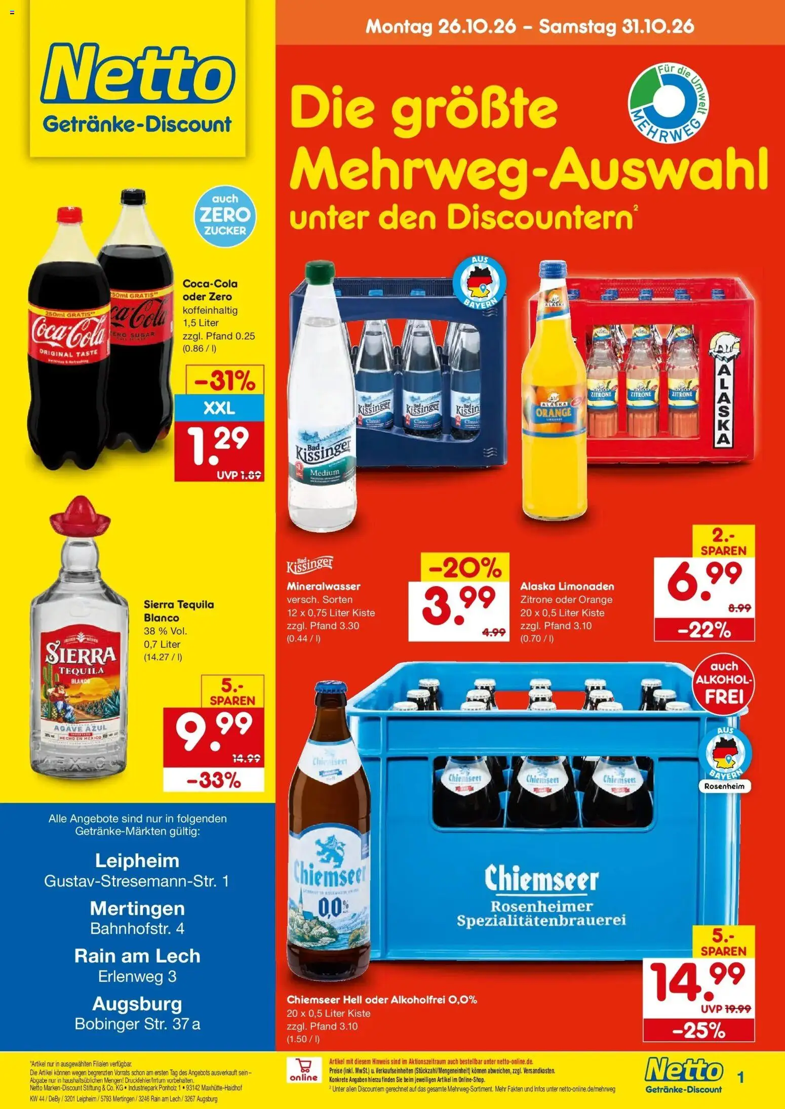 Netto Marken-Discount Prospekt Leipheim – gültig ab 26.10.2026 | Seite: 1 | Produkte: Cola, Bad, Mineralwasser, Zitrone
