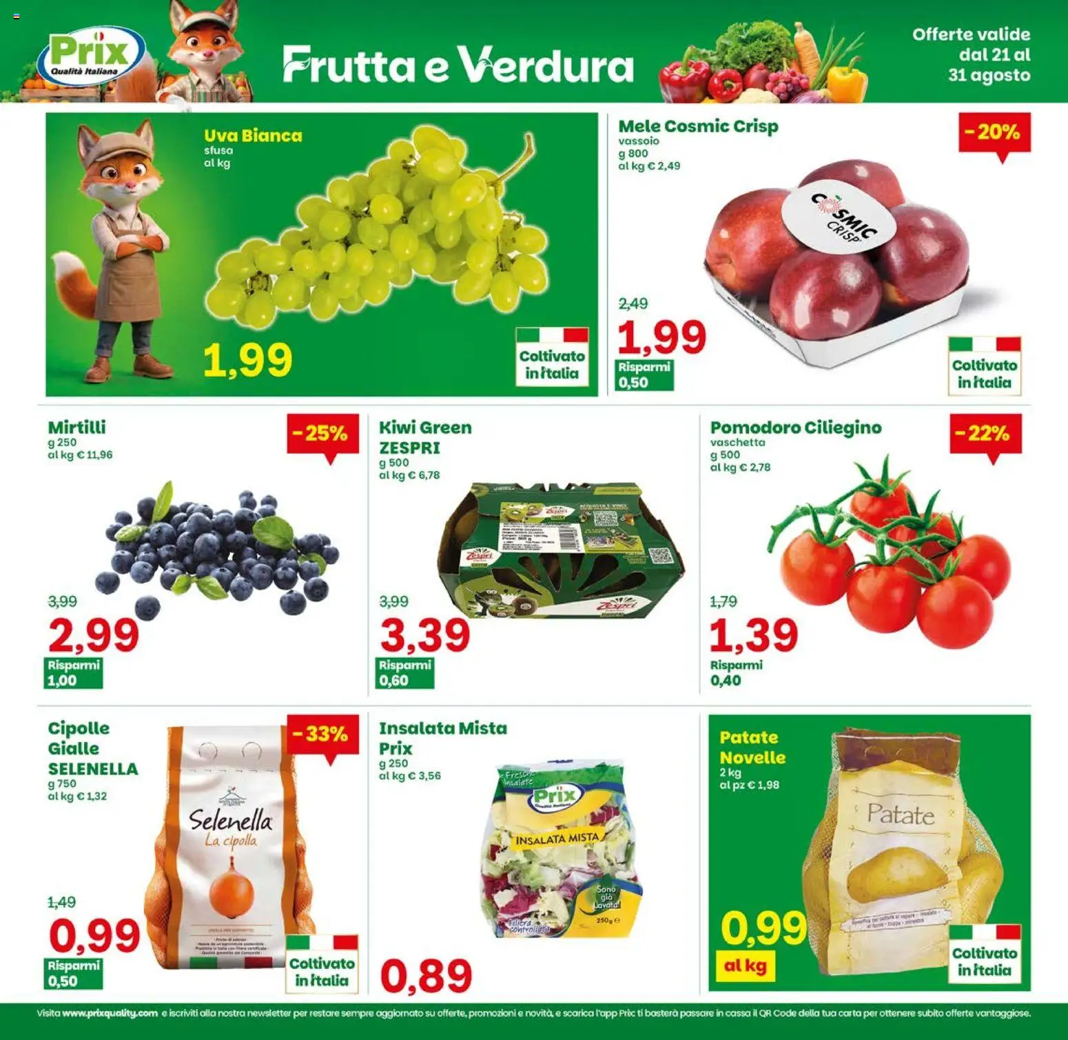 Volantino Prix del 21/08/2026 | Pagina: 2 | Prodotti: Insalata, Cipolle, Frutta, Mirtilli