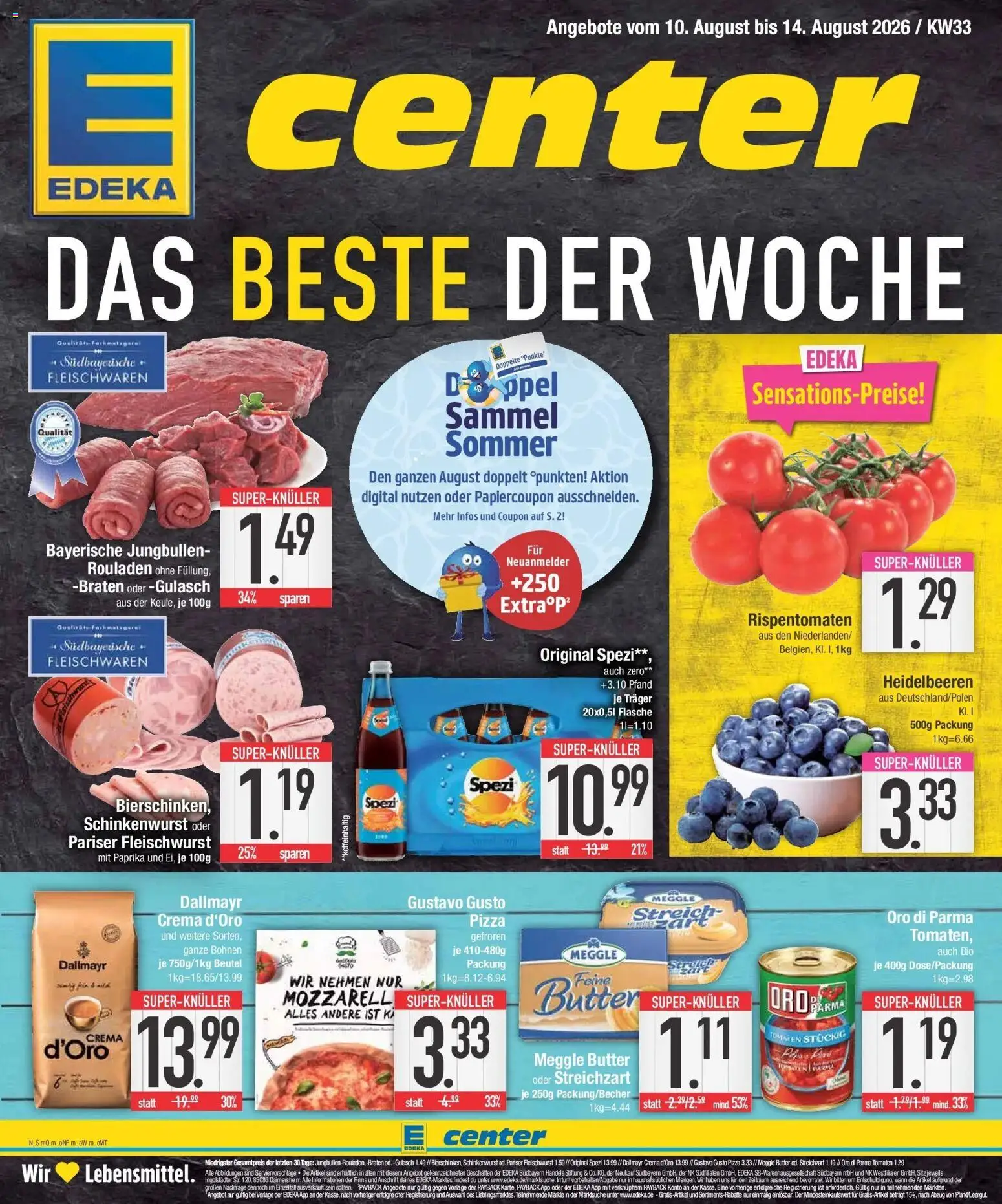 E center Prospekt Kolbermoor (ab 10.08.2026) zum Blättern | Seite: 1 | Produkte: Tomaten, Oro di parma, Gulasch, Meggle butter