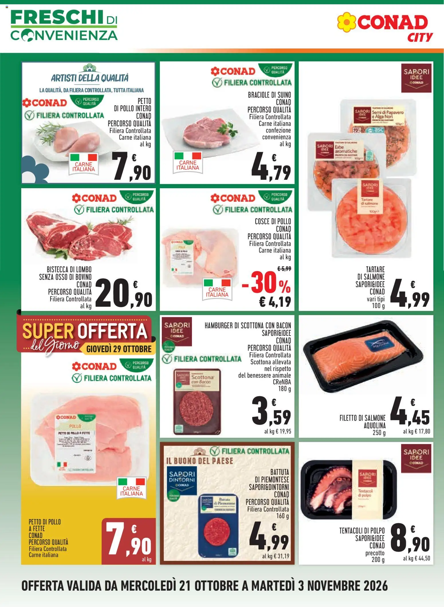 Volantino Conad del 21/10/2026 | Pagina: 4 | Prodotti: Filetto, Suino, Hamburger, Cosce di pollo
