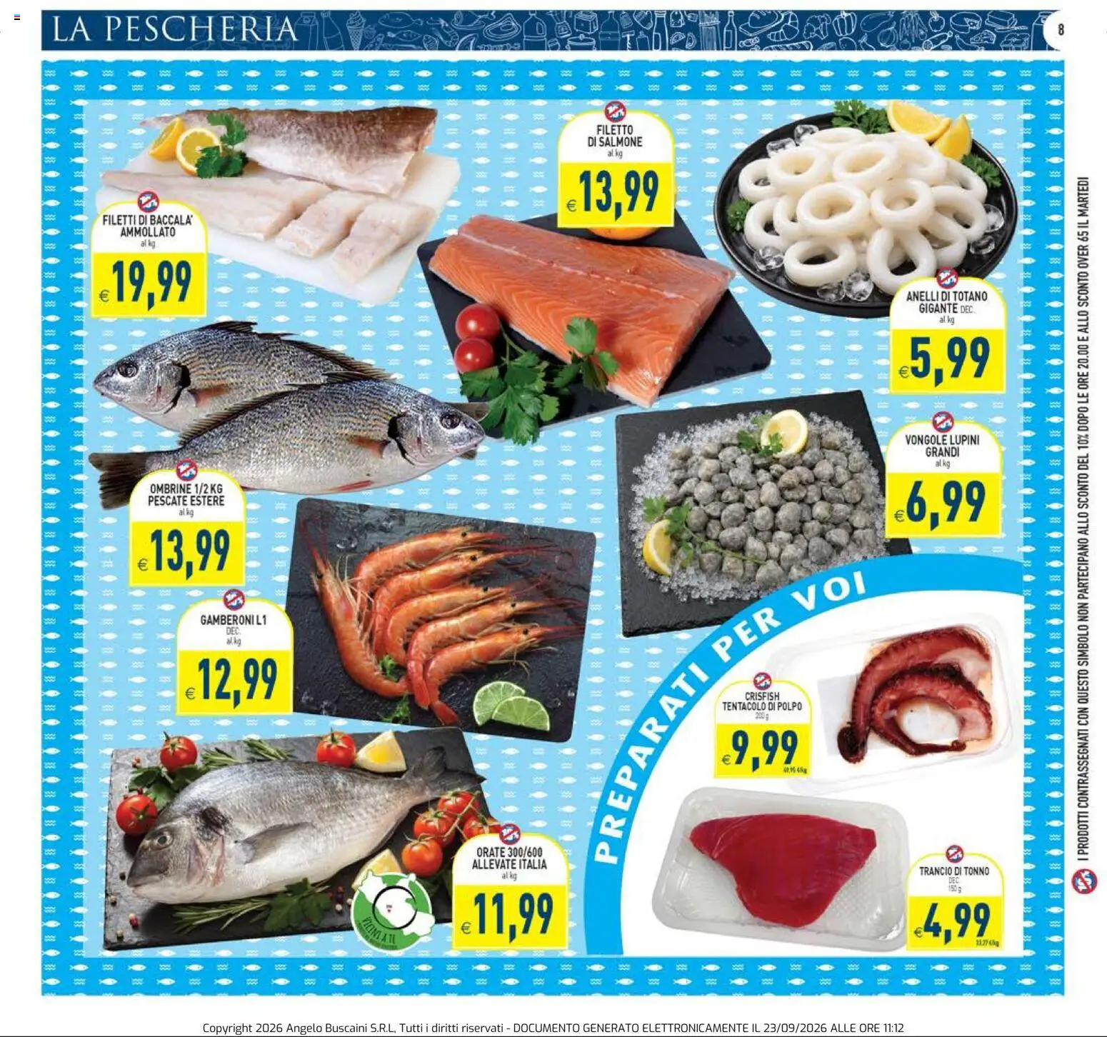 Volantino PIM Supermercati del 23/09/2026 | Pagina: 8 | Prodotti: Filetto di salmone, Polpo, Filetto, Totano