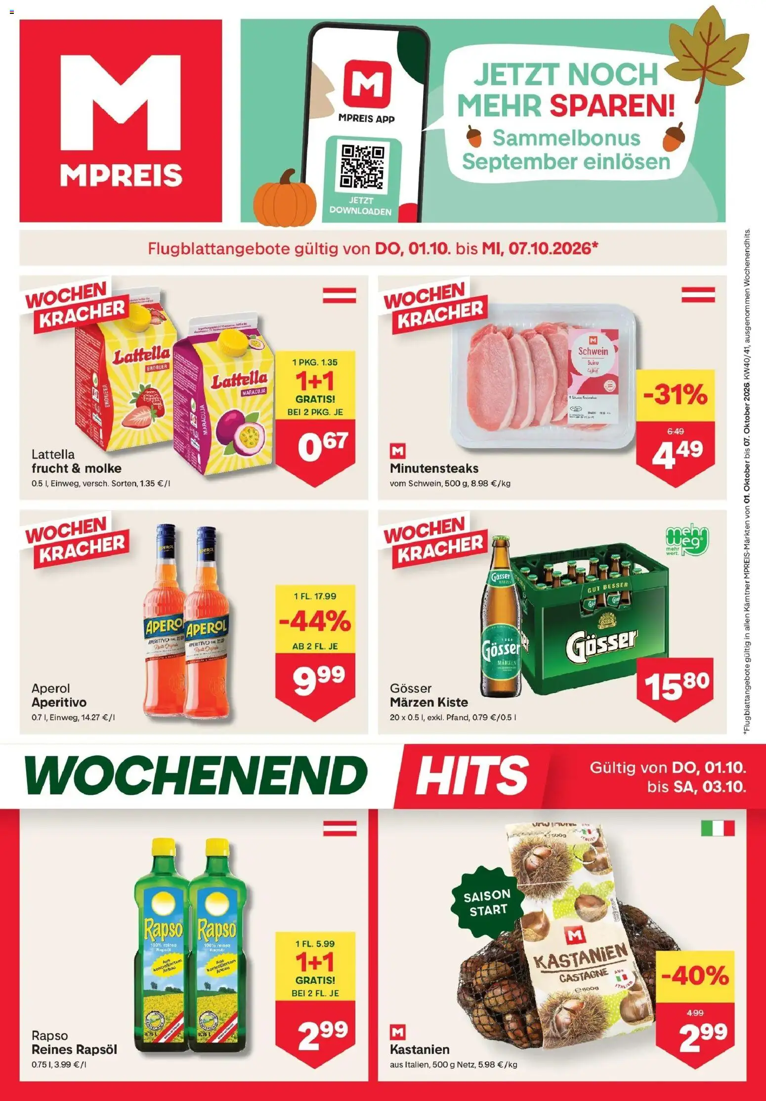 MPREIS Velden von 01.10.2026 - Aktuelle Angebote | Seite: 1 | Produkte: Aperol, Rapsöl