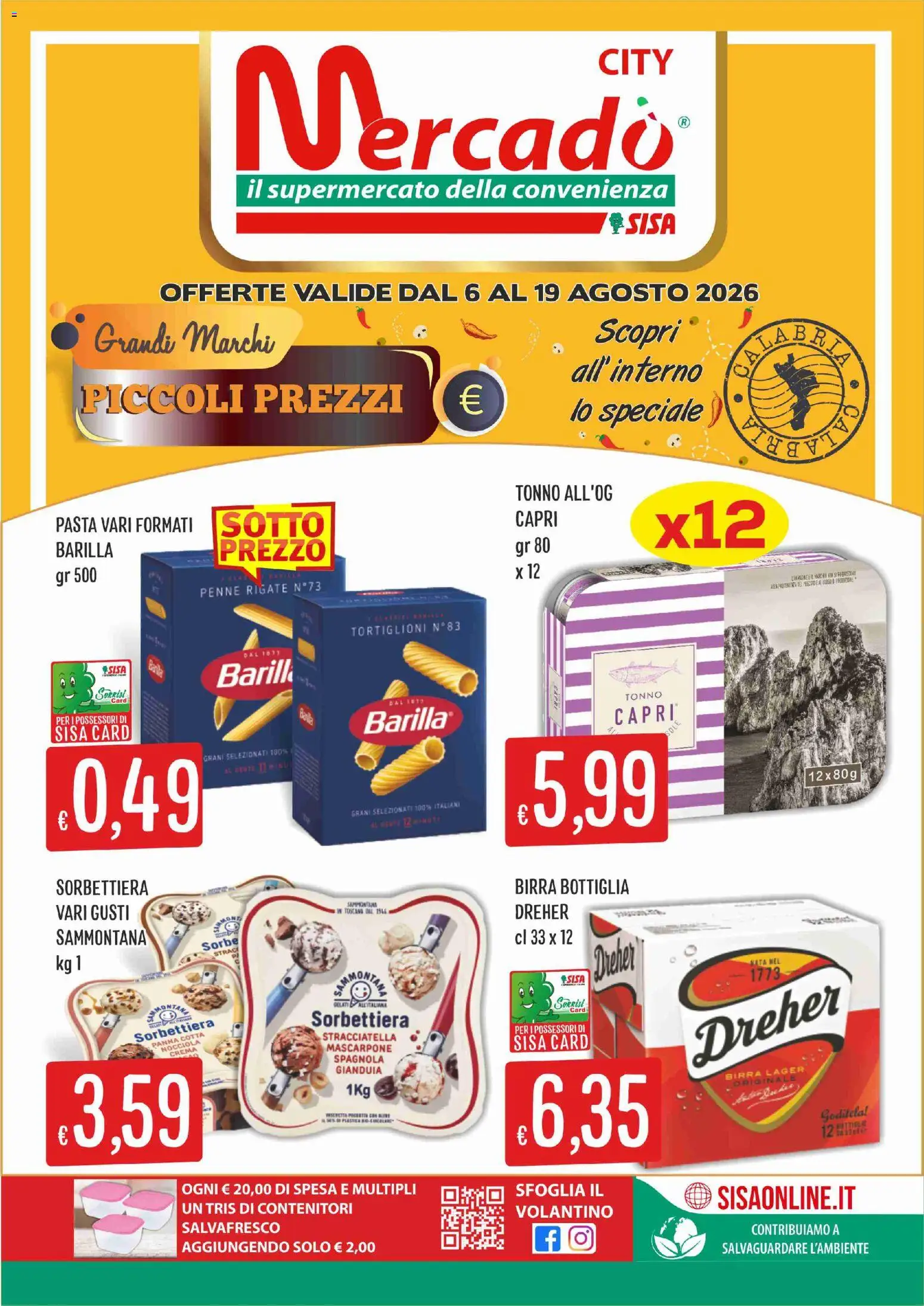 Volantino SISA del 06/08/2026 | Pagina: 1 | Prodotti: Crema, Pasta, Tonno, Stracciatella