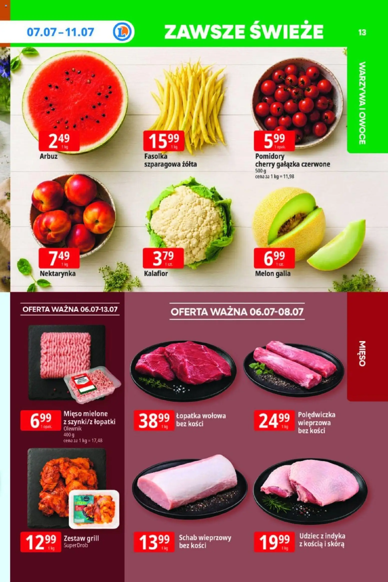 E.Leclerc gazetka od 06.07.2026 | Strona: 13 | Produkty: Melon, Grill, Mięso mielone, Pomidory