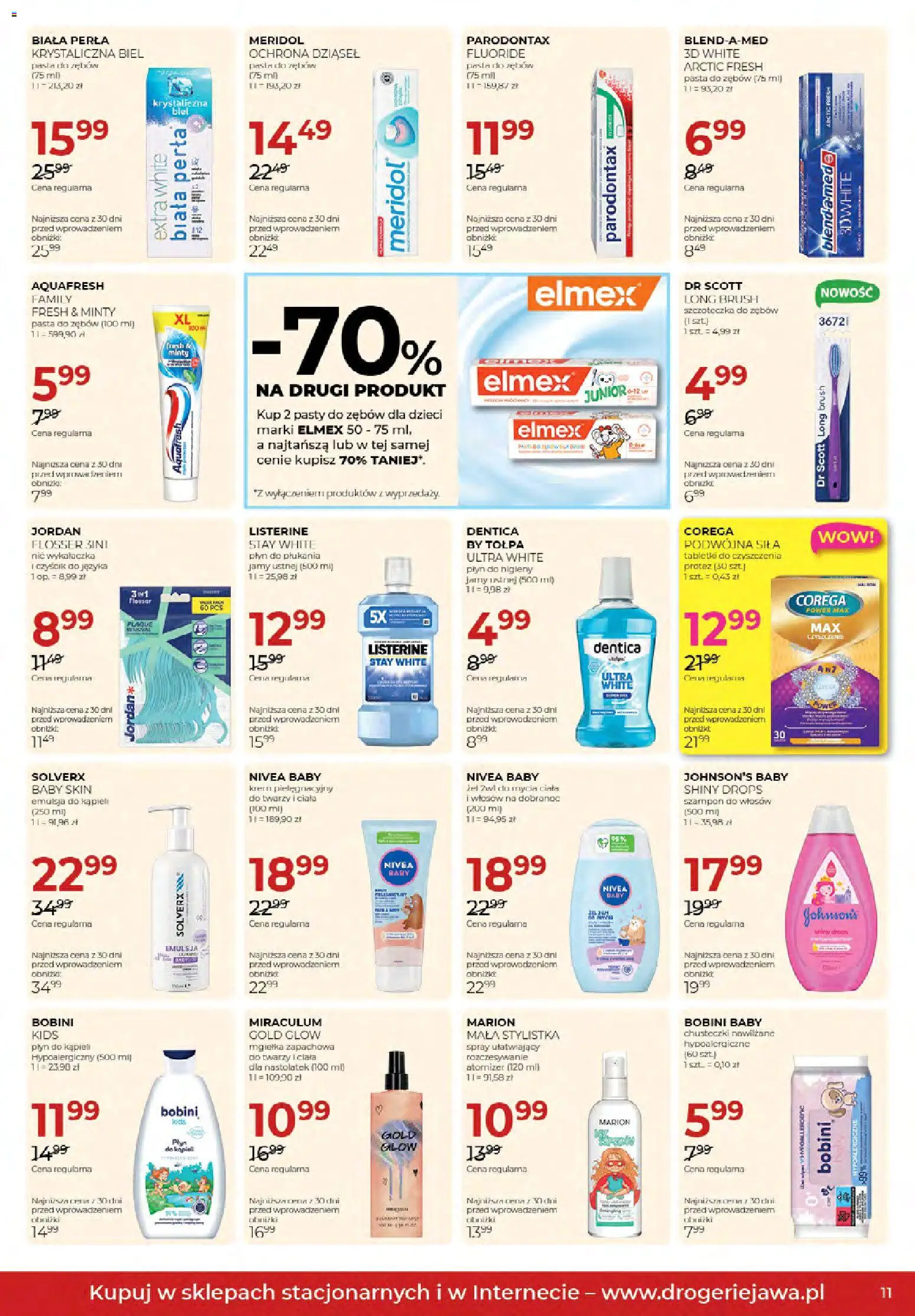 Jawa gazetka od 02.10.2026 | Strona: 11 | Produkty: Chusteczki, Listerine, Płyn do kąpieli, Pasta do zębów