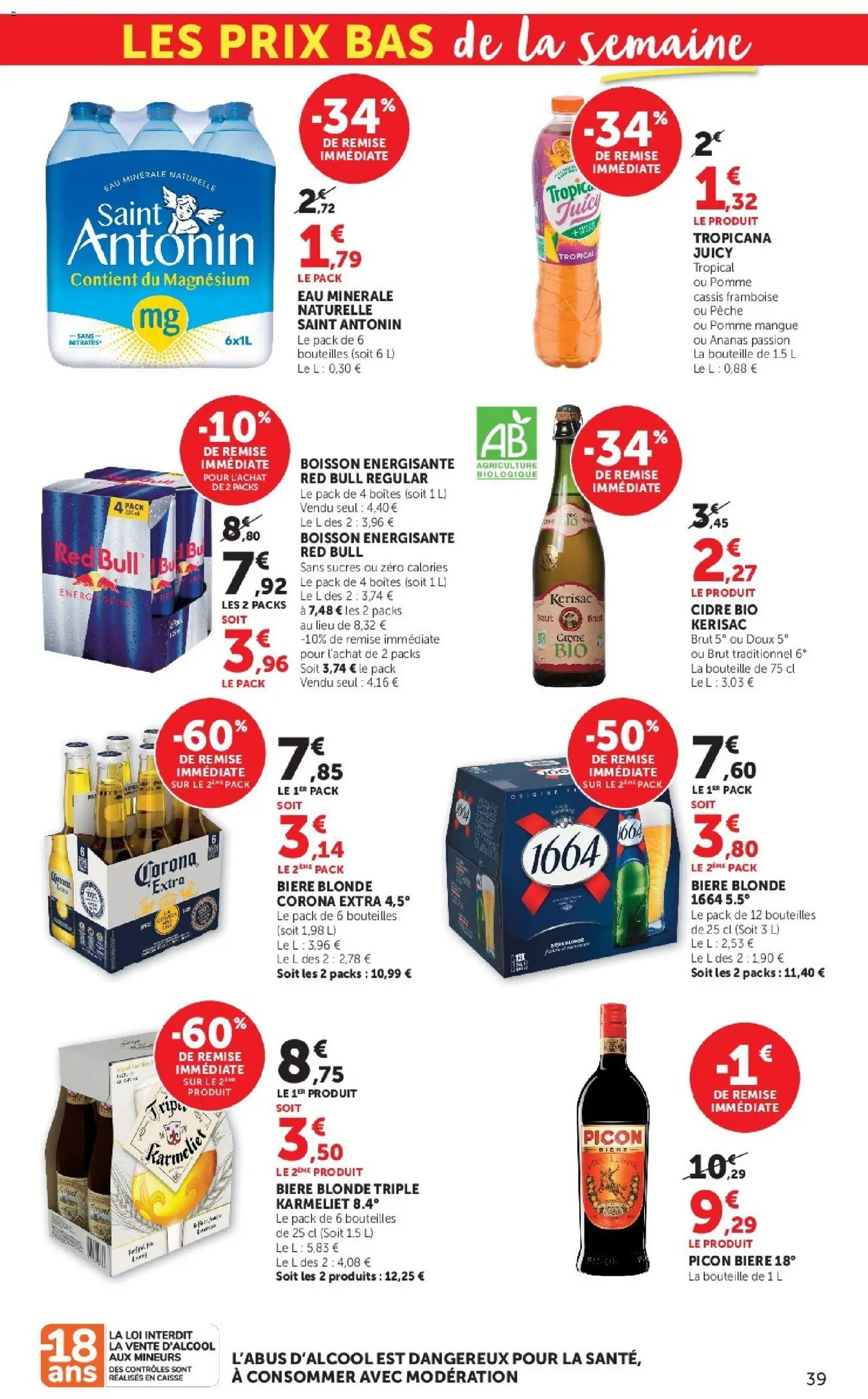 {H1} | Page: 39 | Produits: Eau minérale naturelle, Cidre, Red bull, Bière